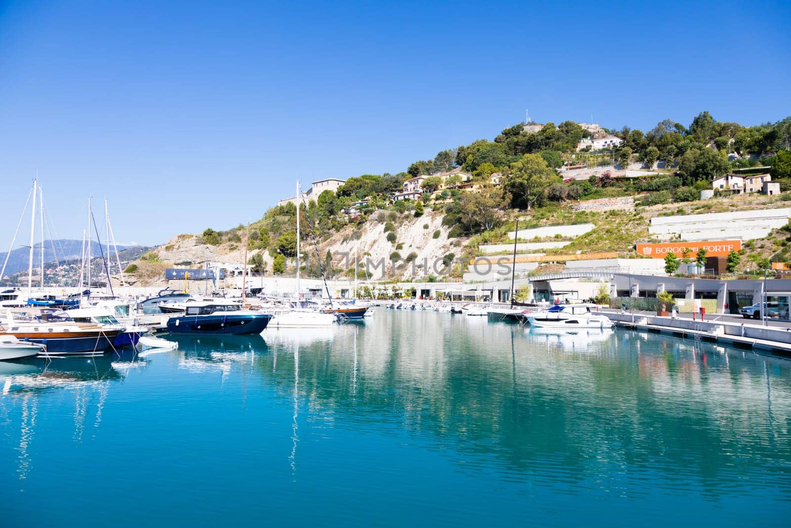 Ventimiglia, Italy - August 2022: the port of Cala del Forte, brand new, state-of-the-art marina property of Monte Carlo