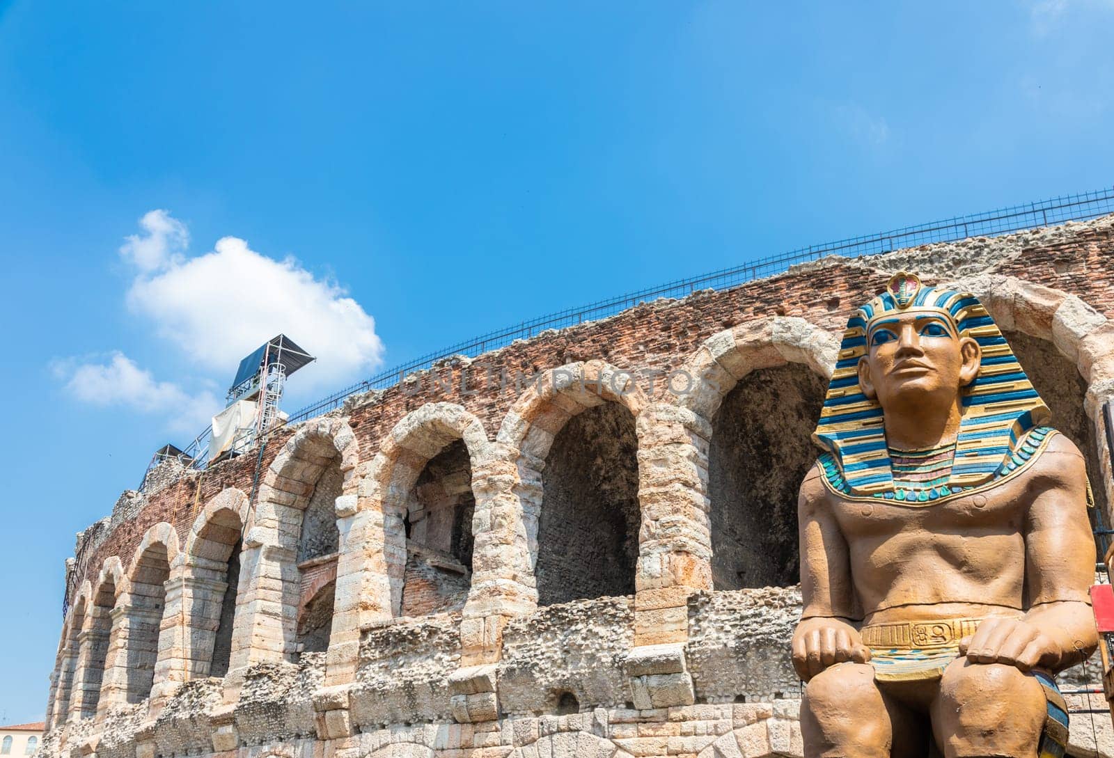 Verona, Italy - June 2022: preparing the stage for the thetre performance in the famous Arena di Verona - Aida spectacle