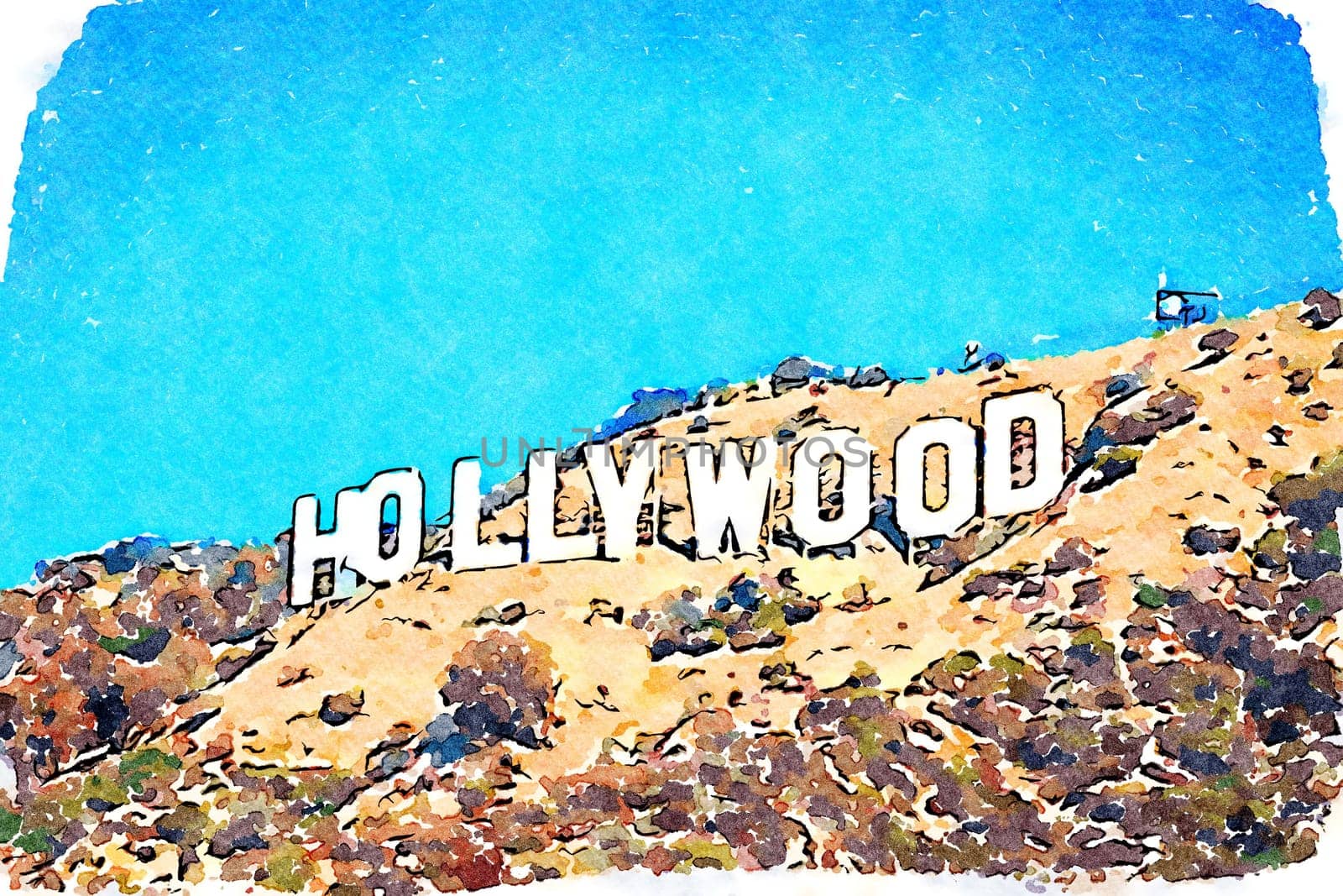 Creative illustration with artistic watercolor design - Hollywood sign in Los Angeles