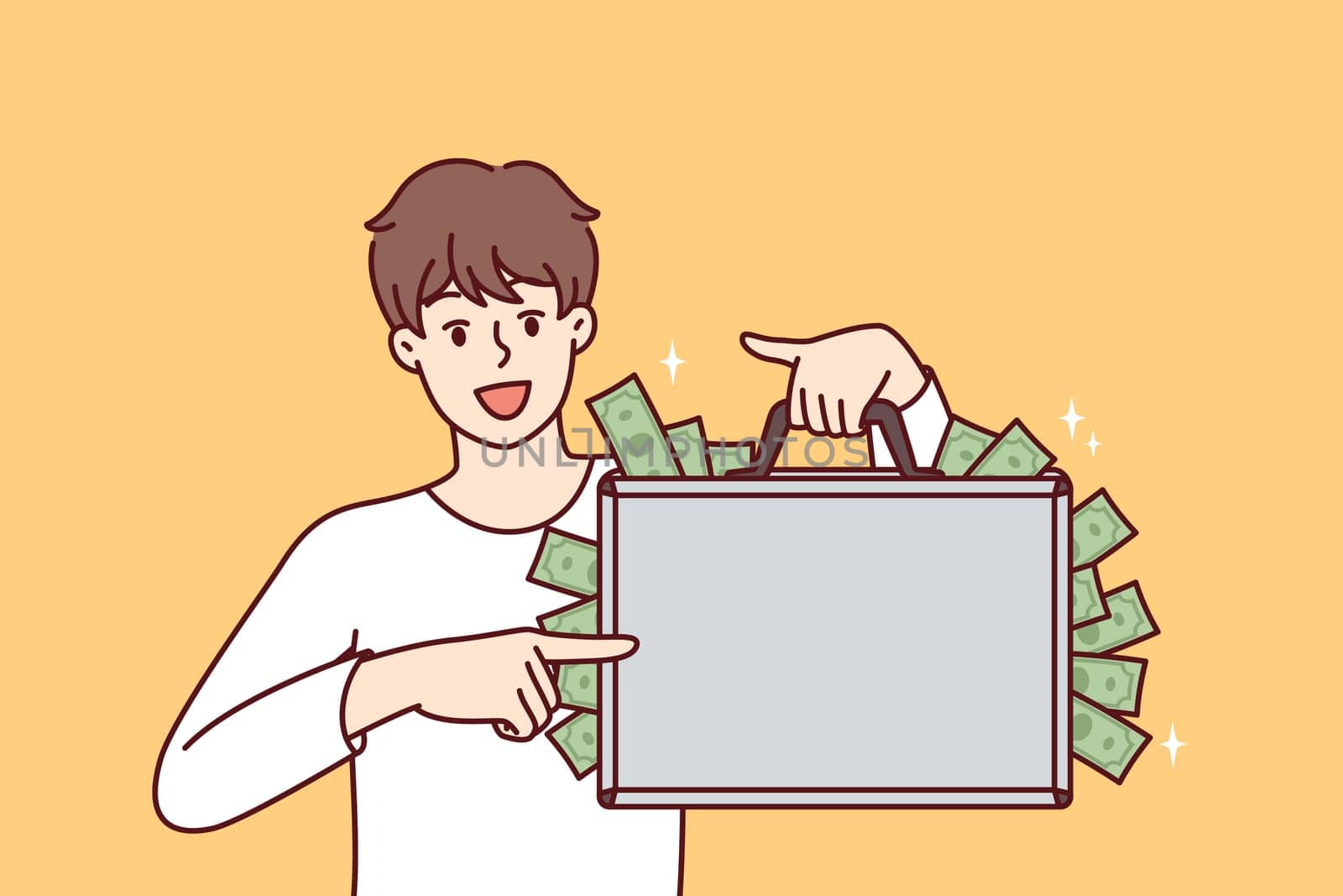 Happy man with suitcase full of money showing off big profits from own business or cash won at casino. Rich guy who made lot of money after selling real estate or received unexpected inheritance