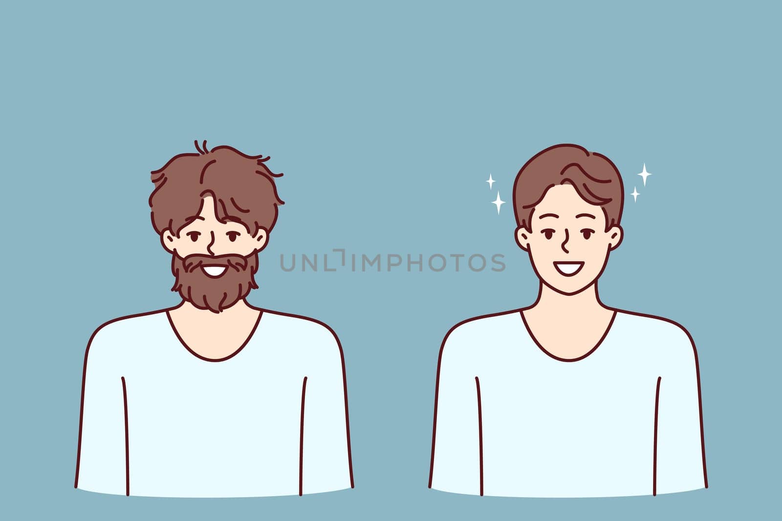 Man before and after going to barbershop to professional stylist for hair and beard care. Man smiles demonstrating result of visiting barbershop and using high-quality or shaving foam