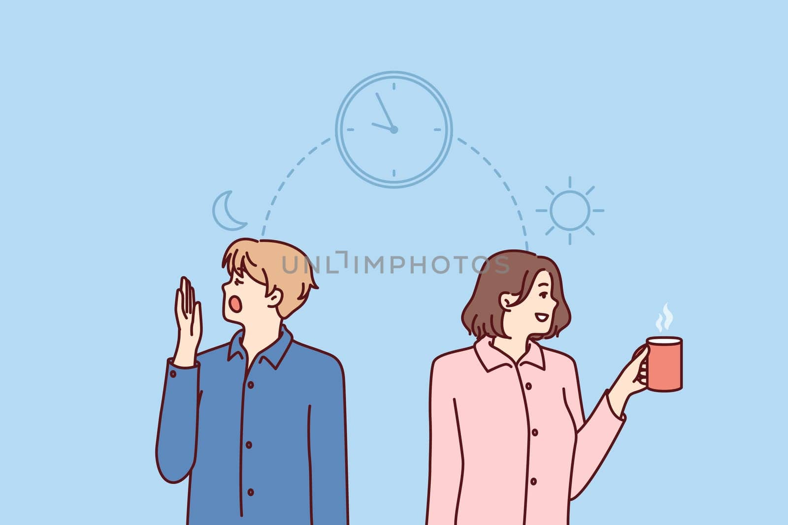 Man and woman experience problems and feel excessive fatigue in early morning or insomnia in evening. Guy and girl in pajamas are standing near clock symbolizing insomnia and breaking sleep cycles