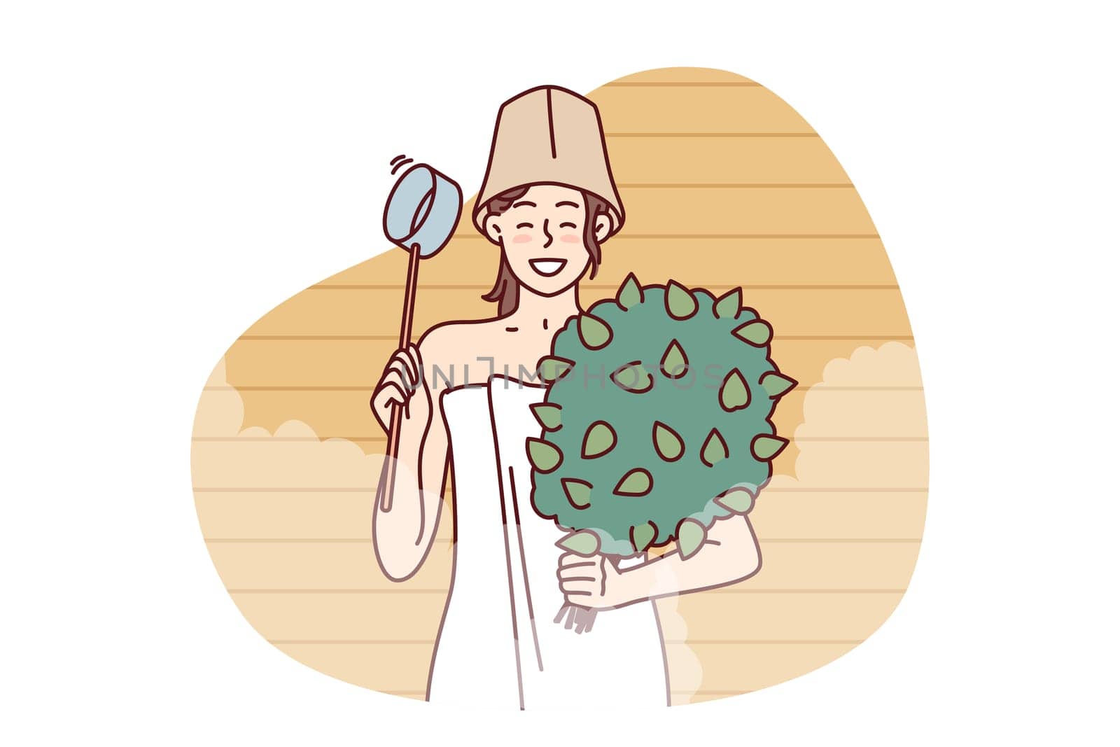 Girl stands in sauna with besom made of tree branches and ladle to adjust amount of steam during SPA procedures. Woman visiting Finnish sauna or hammam in spa center dressed in towel and hat