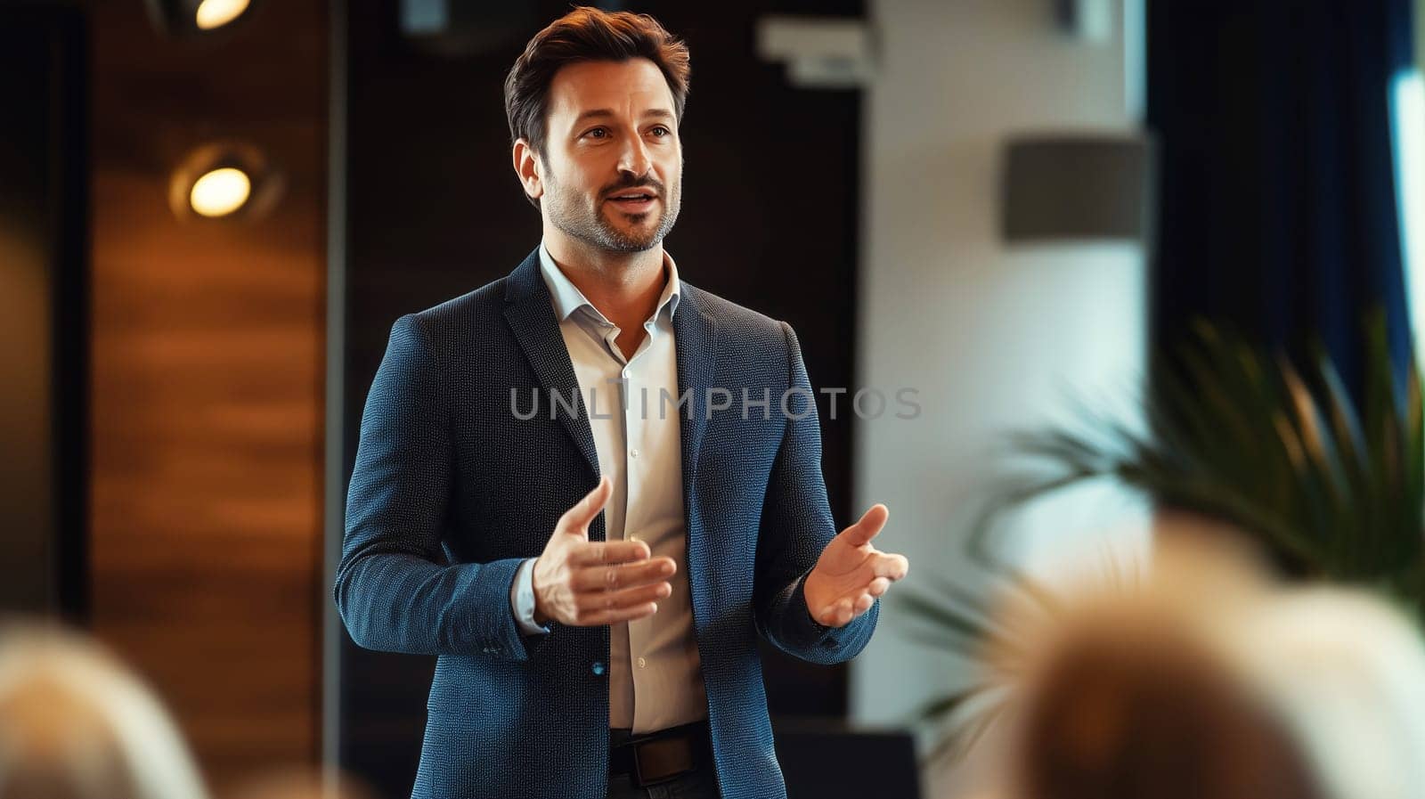 Confident motivational speaker man speaking to an audience at business conference, businessman or seminar, official meeting