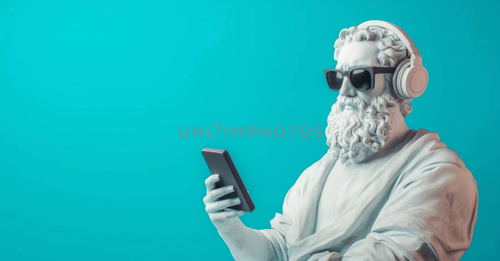 Stylish portrait of modern antique statue of man listening to music with headphones looking at smartphone, wearing glasses on blue studio background
