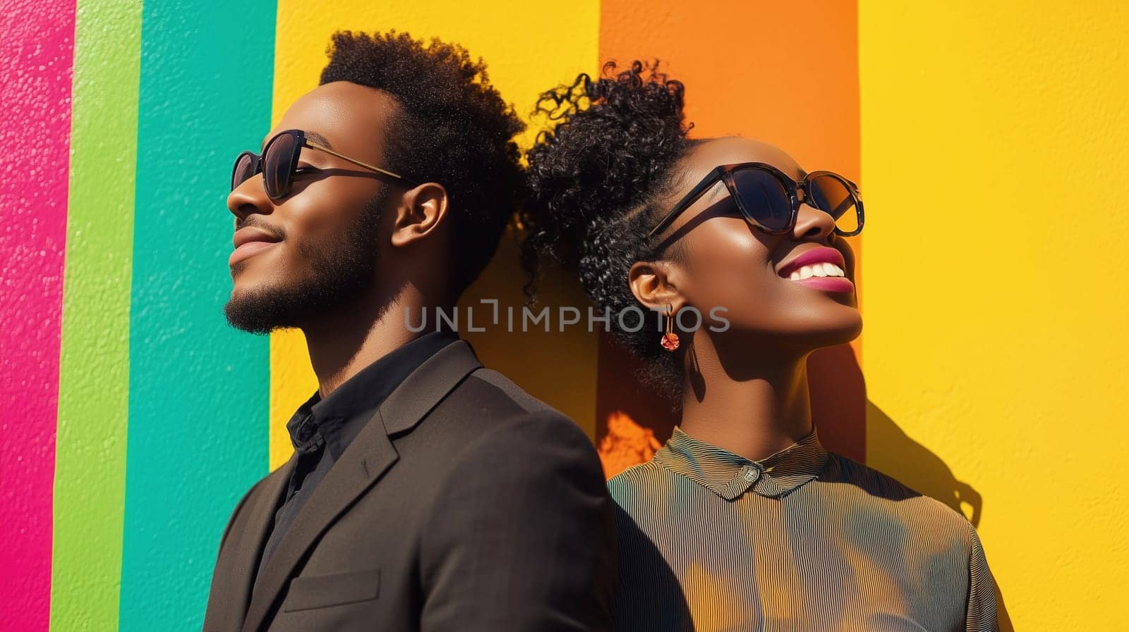 Portrait of stylish beautiful happy African woman and man, modern black American young couple posing together on sunny colorful studio background