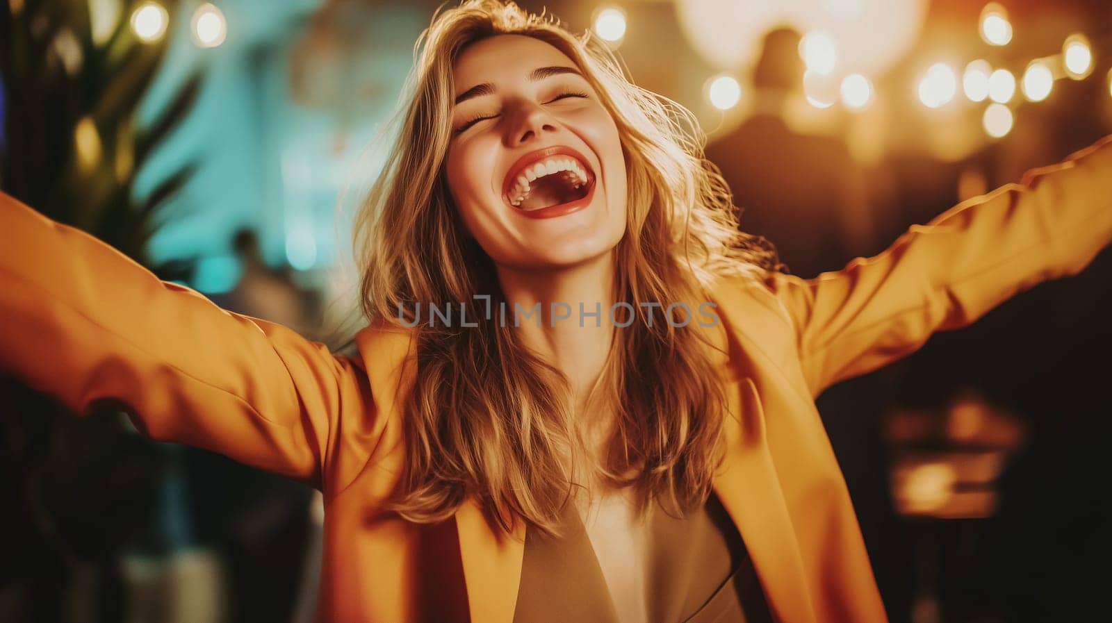 Happy joyful businesswoman celebrating with her colleagues business people, cheerful woman having a party having fun in the office