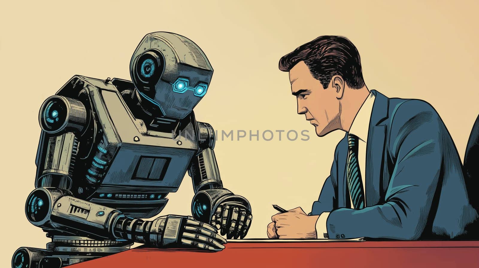 Business meet, confident robot man and successful businessman sitting together at a desk in the office, talking and look at each other, technology concept