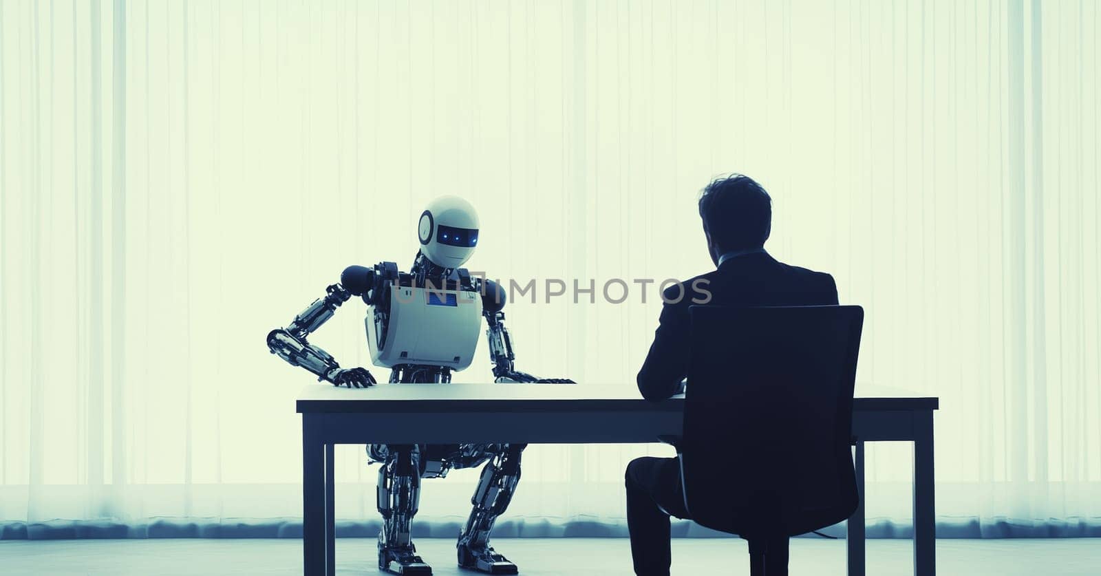 Business meet, confident robot man and successful businessman sitting together at a desk in the office, talking and look at each other, technology concept