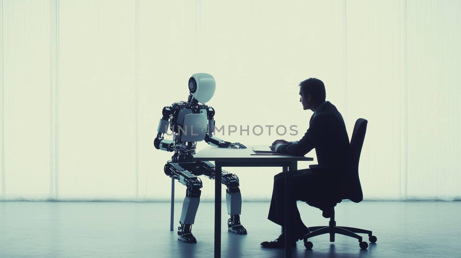 Business meet, confident robot man and successful businessman sitting together at a desk in the office, talking and look at each other, technology concept