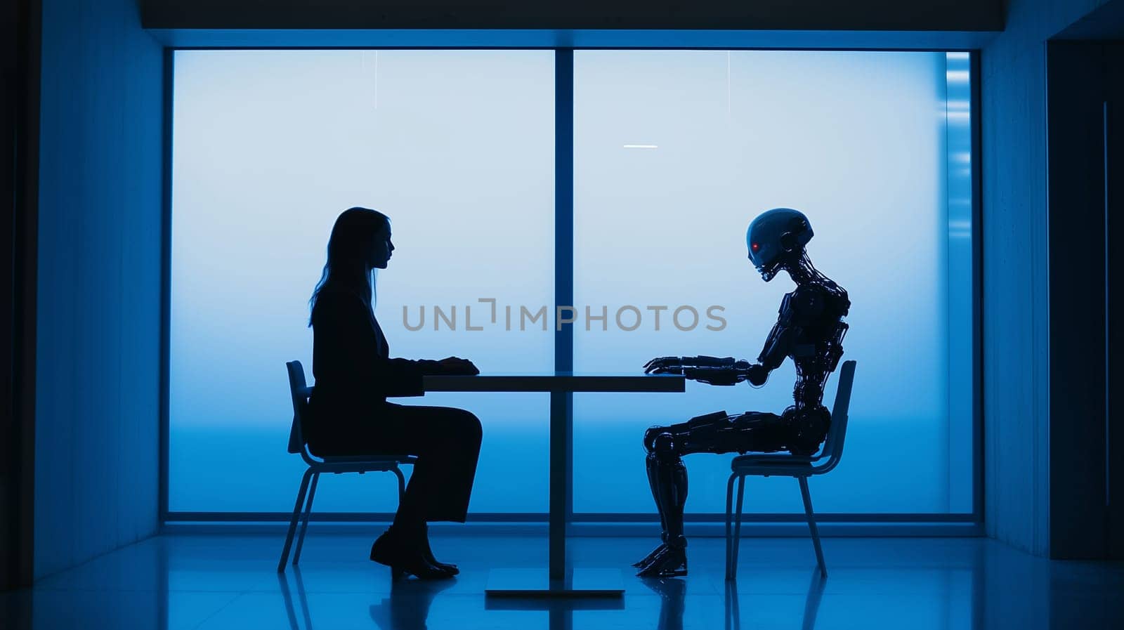 Business meet, confident robot man and successful businessman sitting together at a desk in the office, talking and look at each other, technology concept