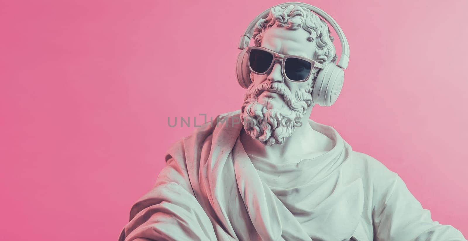 Stylish portrait of modern fashionable antique statue of man listening to music with headphones wearing sunglasses posing on pink studio background