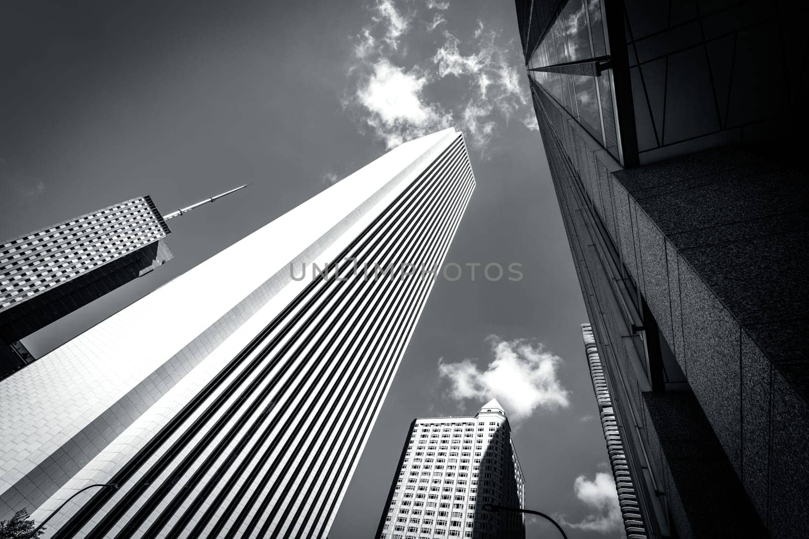 Chicago buildings and patriot flag, Chicago, Illinois, USA