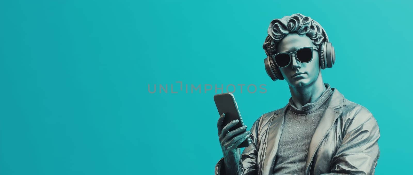 Stylish portrait of modern antique statue of man listening to music with headphones looking at smartphone, wearing glasses on blue studio background