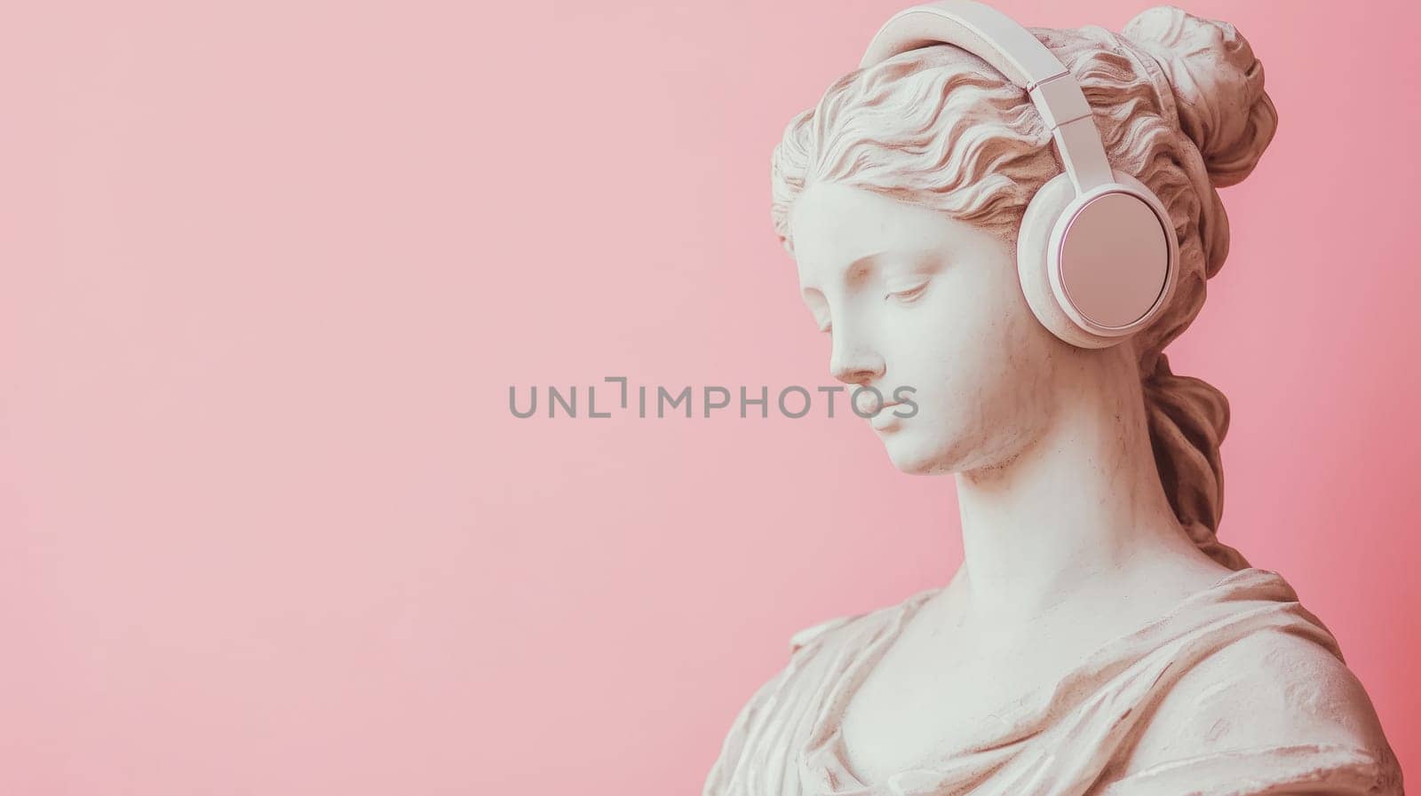 Stylish portrait of modern fashionable antique statue of young woman listening to music with headphones wearing sunglasses posing on pink studio background