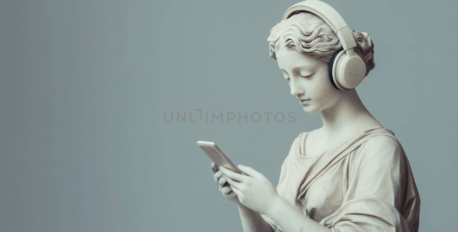 Stylish portrait of modern antique statue of young woman listening to music with headphones and smartphone, on gray studio background
