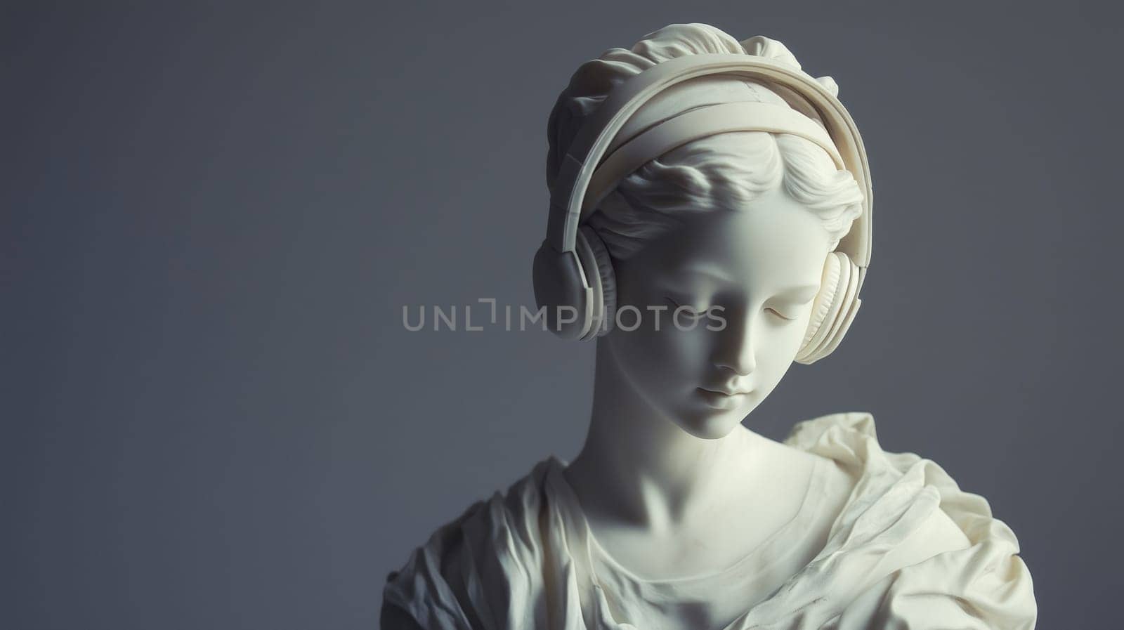 Stylish portrait of modern fashionable antique statue of young woman listening to music with headphones wearing sunglasses posing on gray studio background