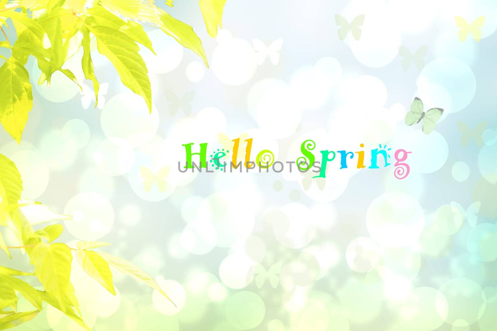 Hello spring background. Yellow maple in spring over abstract bright spring or summer landscape texture with butterflies and text. Space for sale offer. Beautiful backdrop.