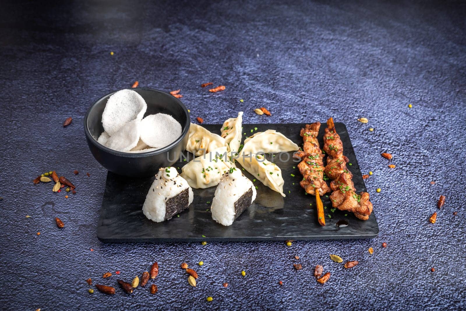 Chinese noodles, ravioli brochettes and  fresh sushis