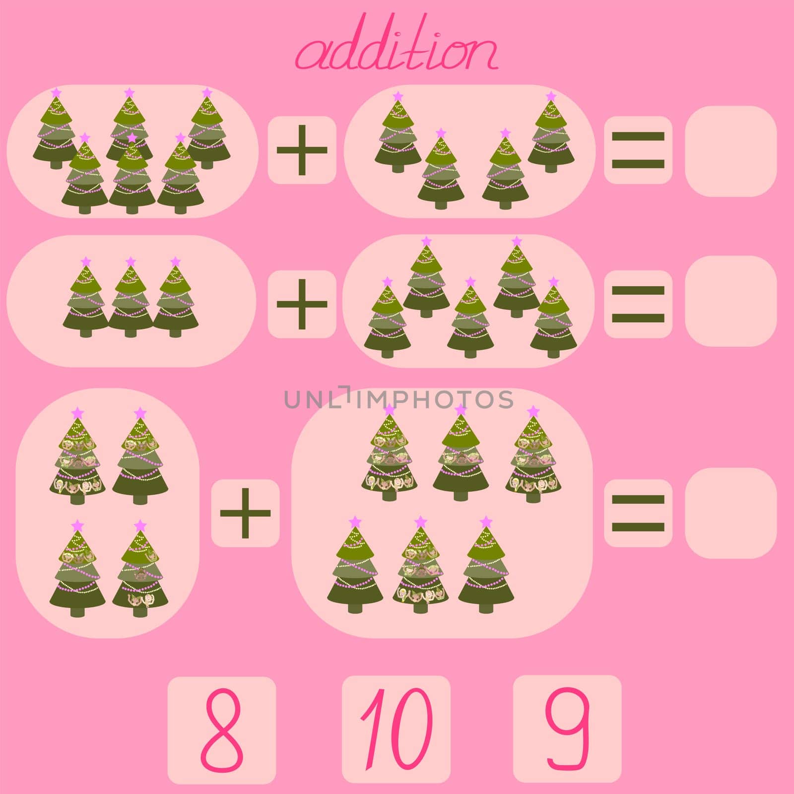 the task for children under 6 years old is to put Christmas trees in the picture and record the result
