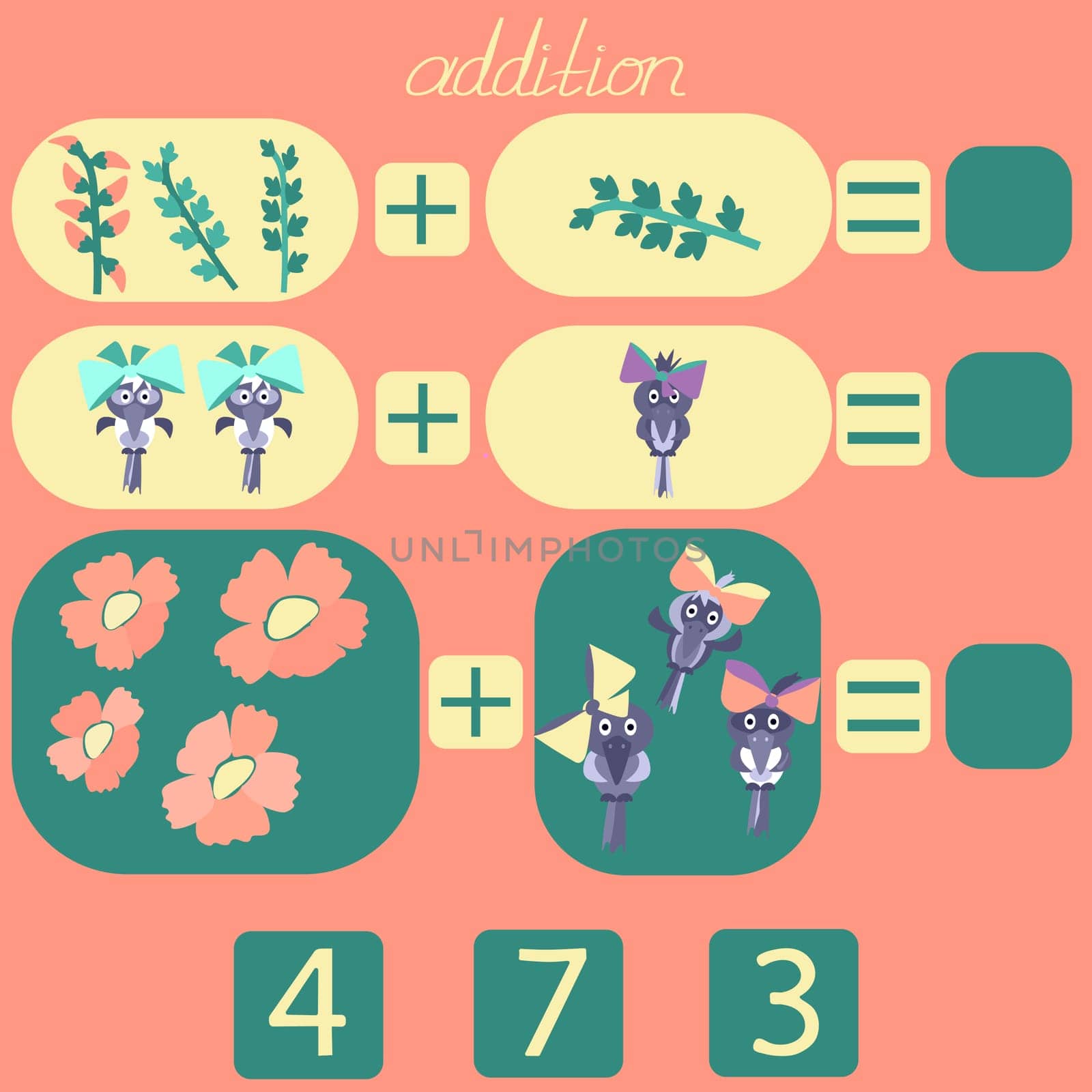 count the flowers and birds in the picture and put the right number in the rebus for children under 6 years old