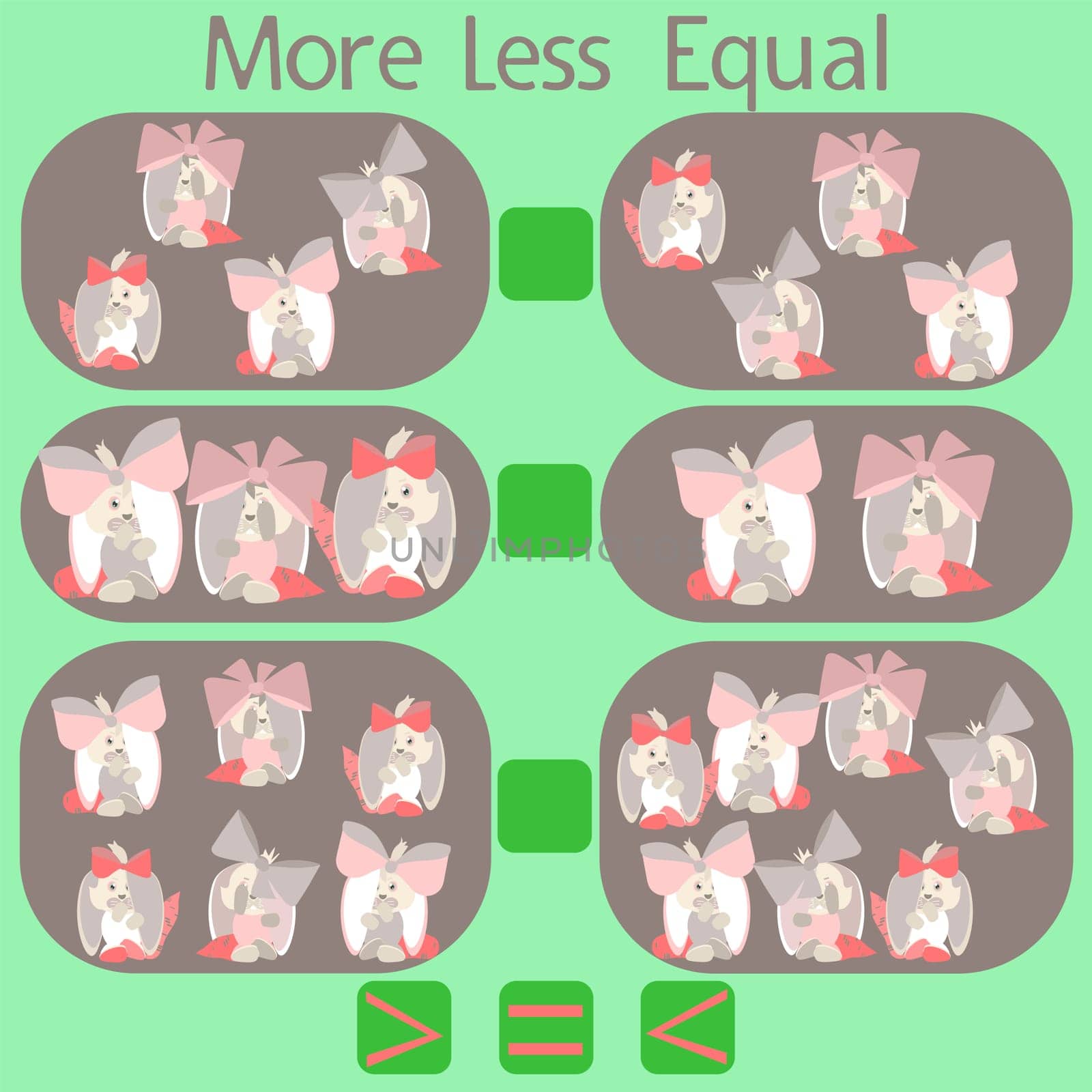 count the funny rabbits in the picture and put a sign greater than, less than or equal to the rebus for children under 6 years old