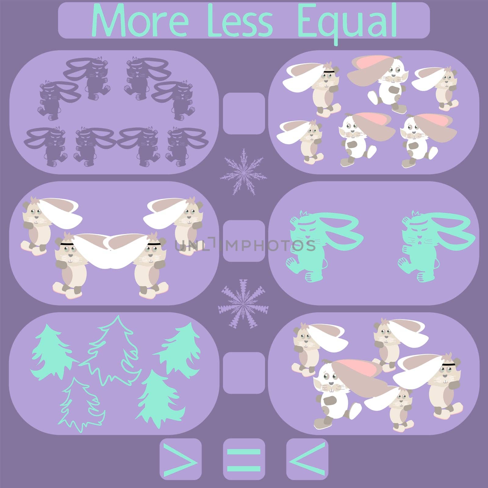 count the funny rabbits in the picture and put a sign greater than, less than or equal to the rebus for children under 6 years old