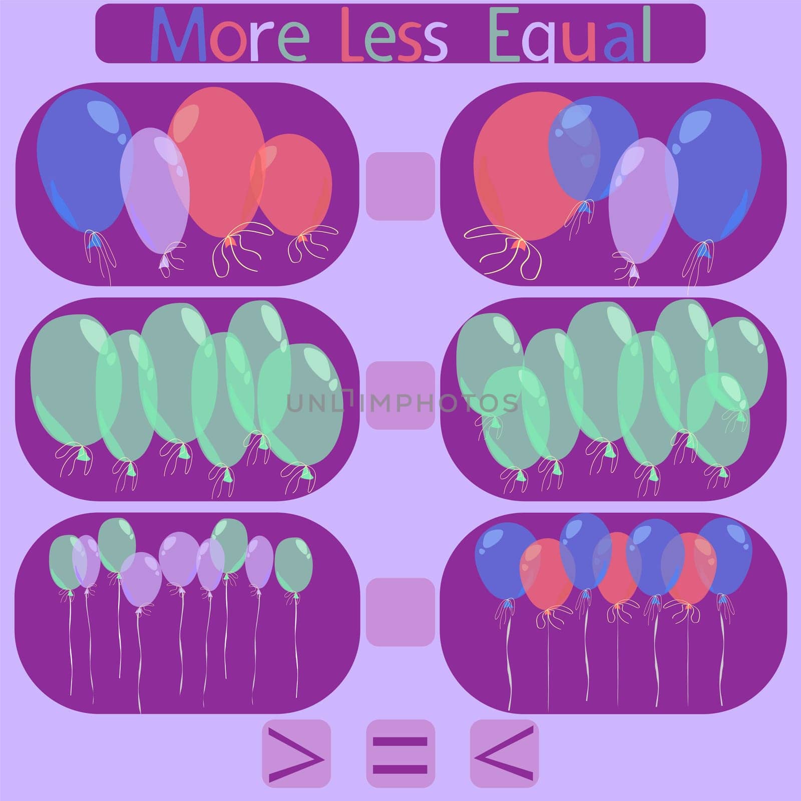 count the balloons in the picture and put a sign greater than, less than or equal to the rebus for children under 6 years old