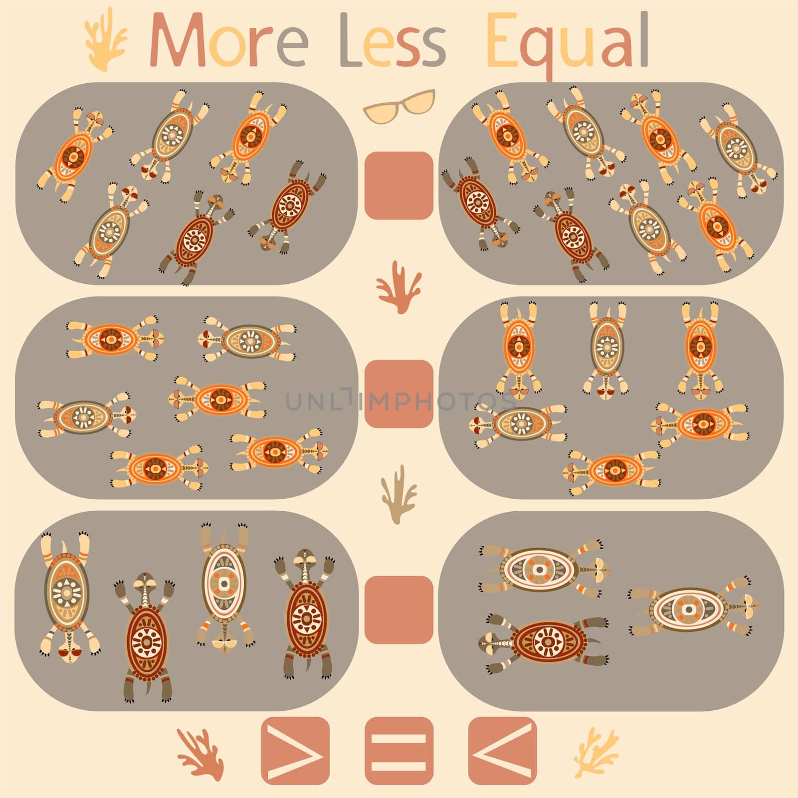 count the turtles in the picture and put a sign more, less or equal to the rebus for children under 6 years old