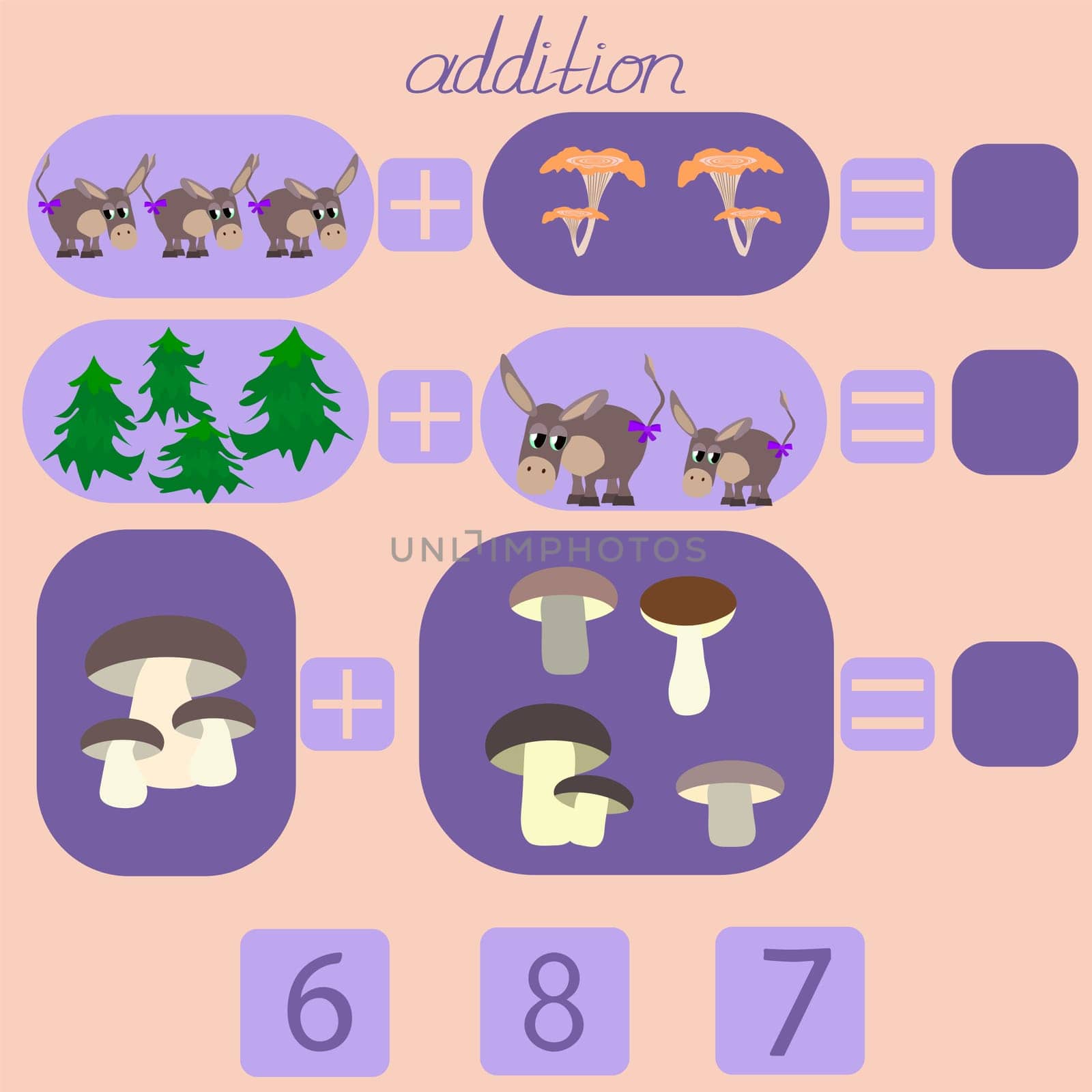 count the donkeys and mushrooms in the picture and put the right number in the rebus for from 5 years to 7 years