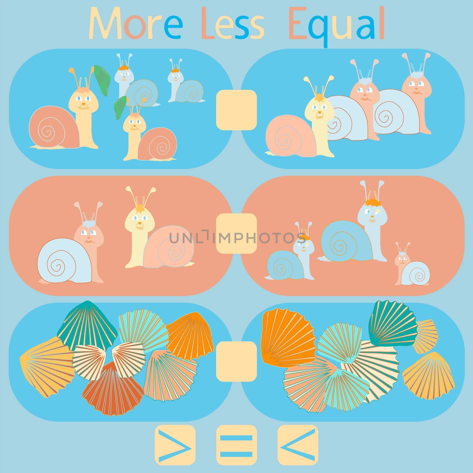 count the snails and shells in the picture and put a sign greater than, less than or equal to the rebus for children under 6 years old