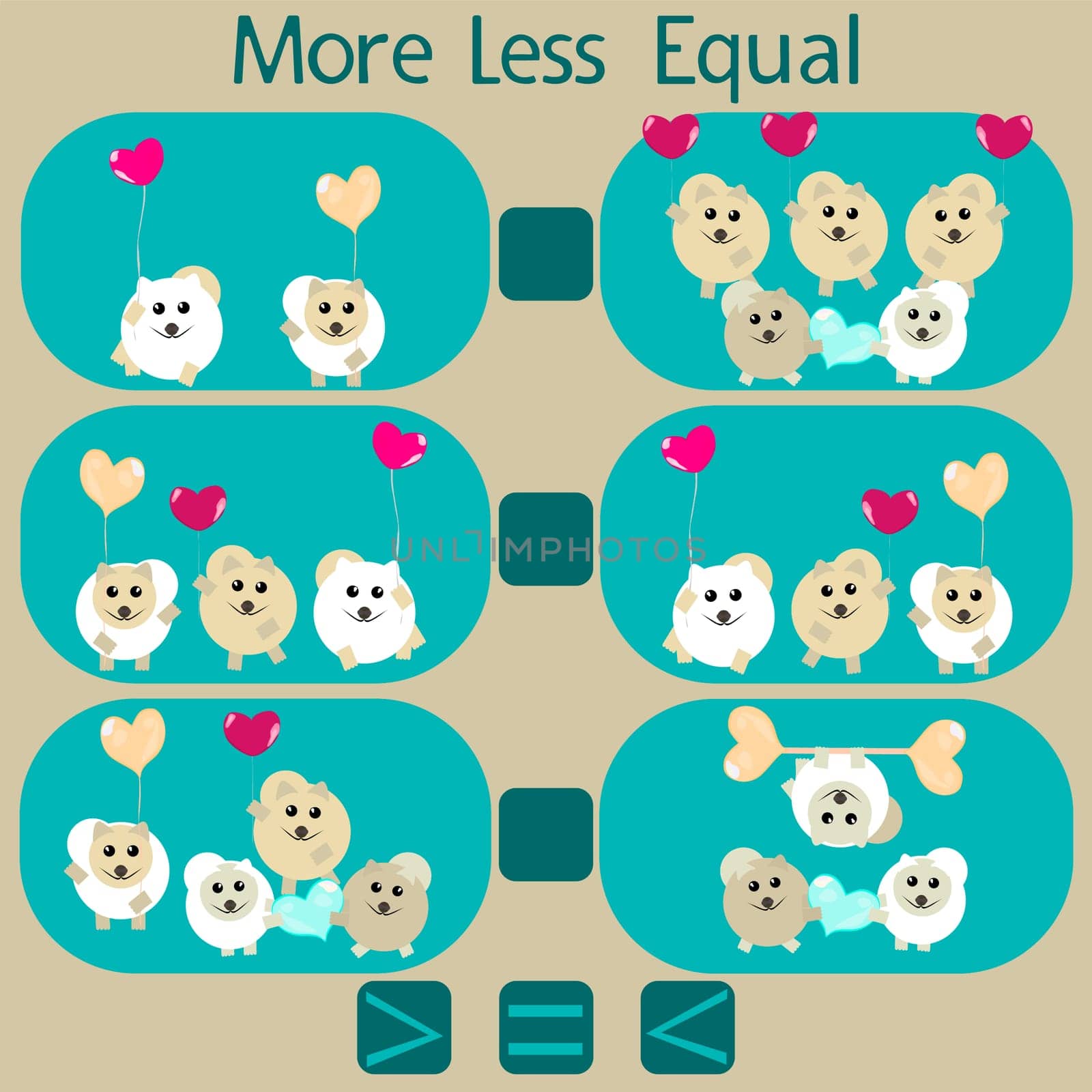 count the funny dogs in the picture and put a sign greater than, less than or equal to the rebus for children under 6 years old