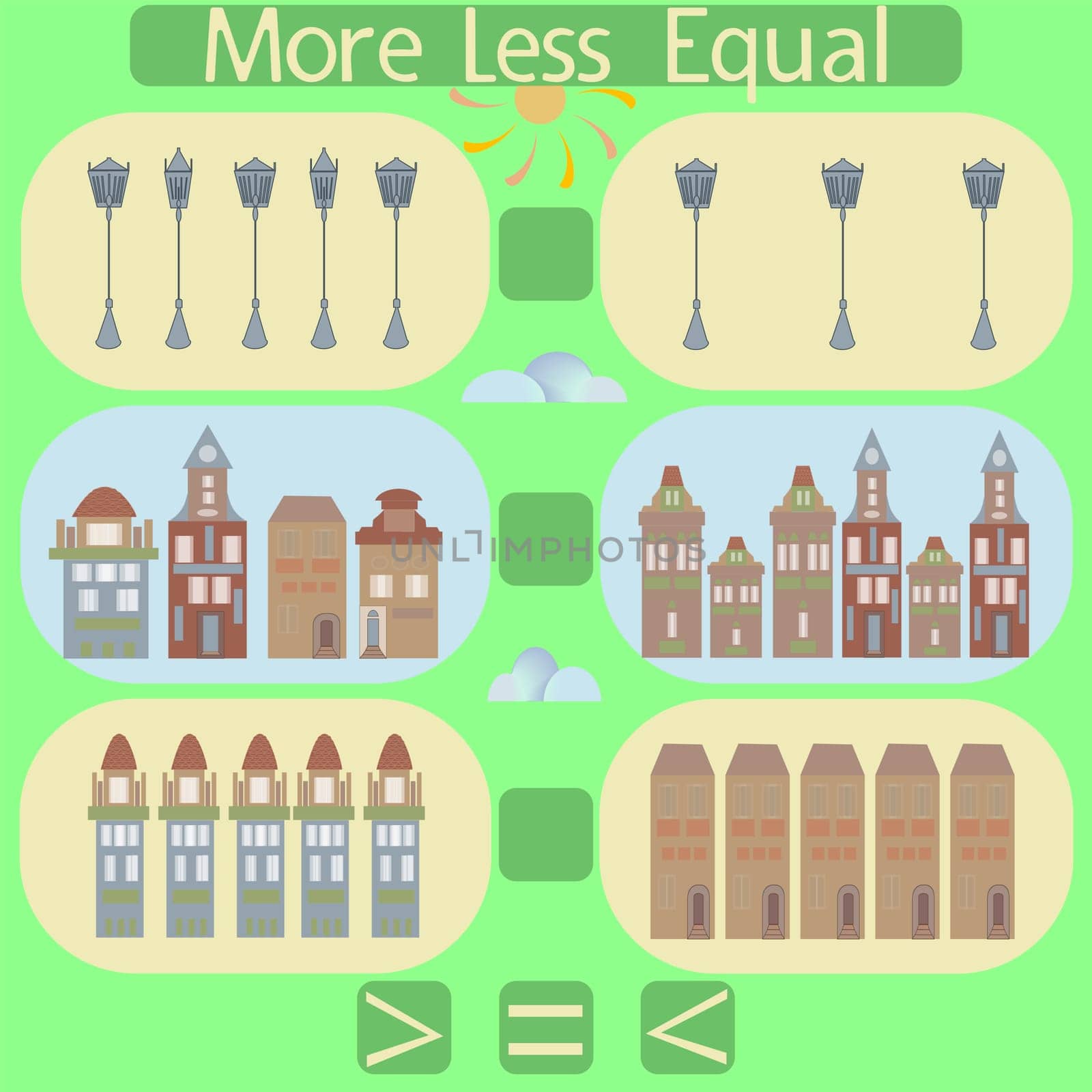 count the houses and lanterns in the picture and put a sign greater than, less than or equal to the rebus for children under 6 years old.
