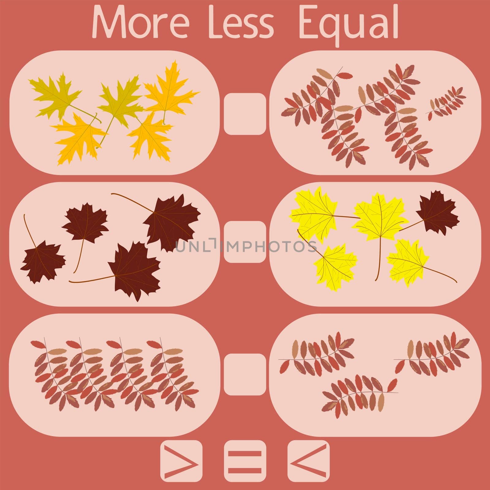 count the autumn leaves in the picture and put a sign greater than, less than or equal to the rebus for children under 6 years old