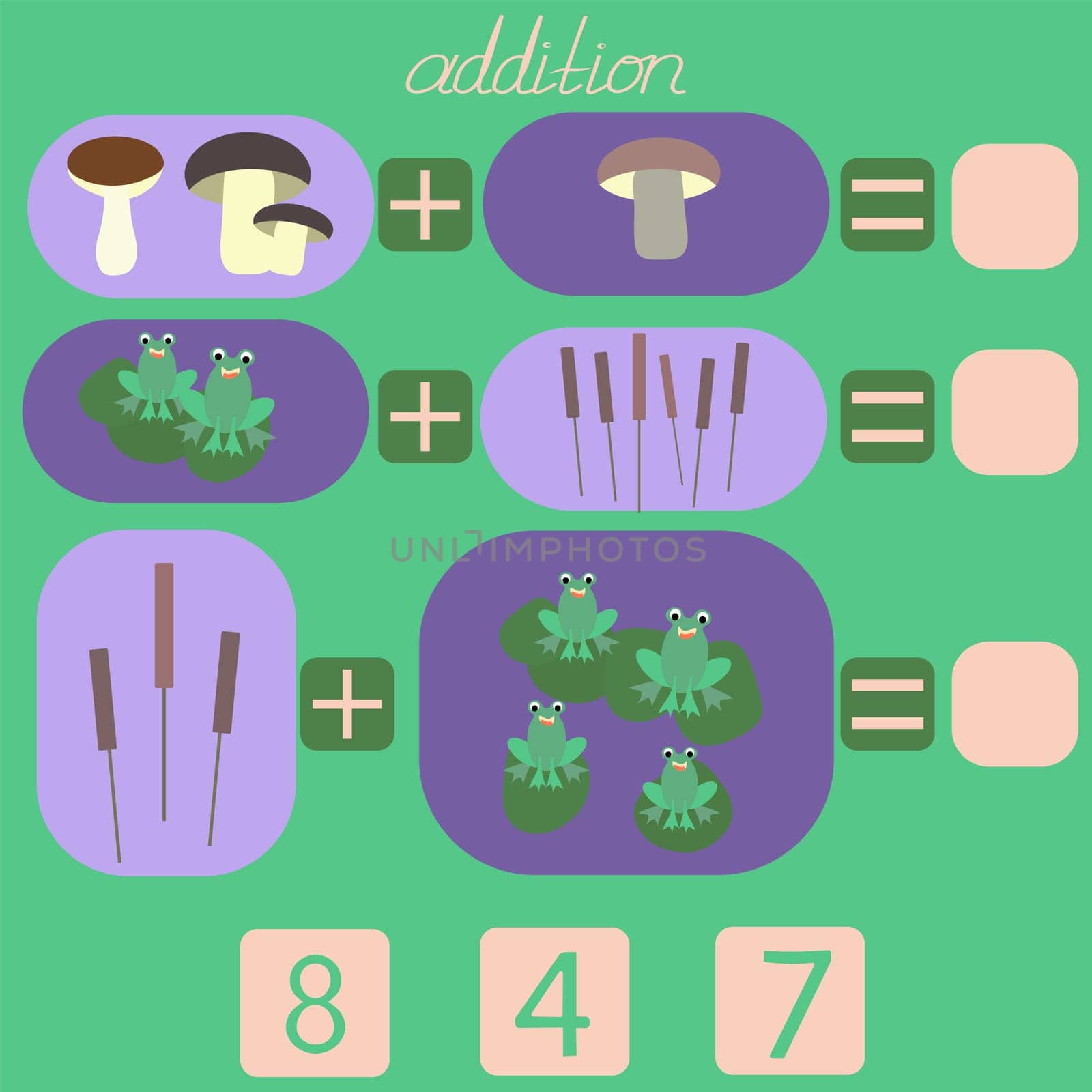 count the frogs and mushrooms in the picture and put the correct number in the rebus for a period of 5 to 7 years