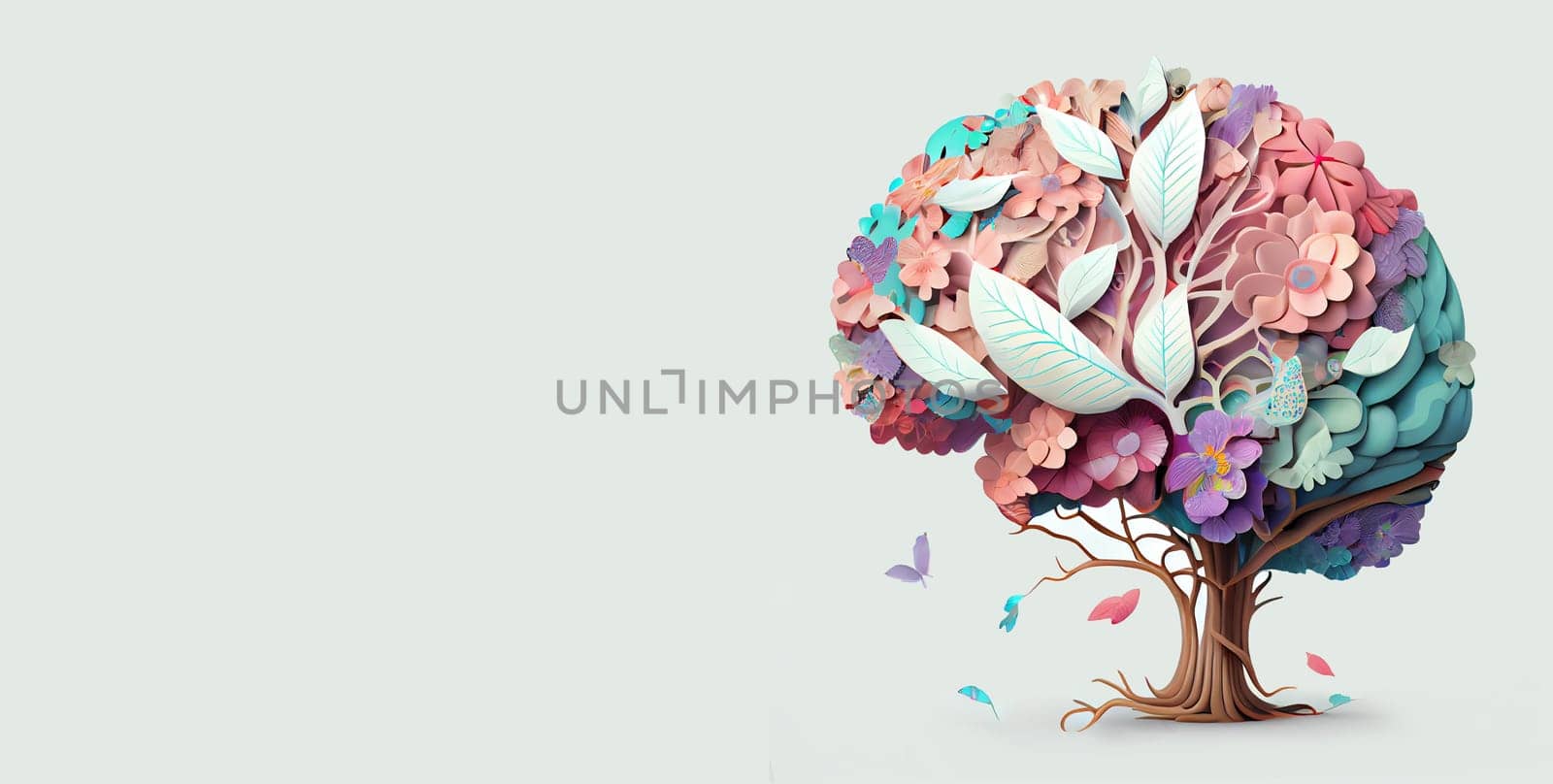 Human brain tree with flowers, self care and mental health concept, positive attitude, creative mind, generative AI