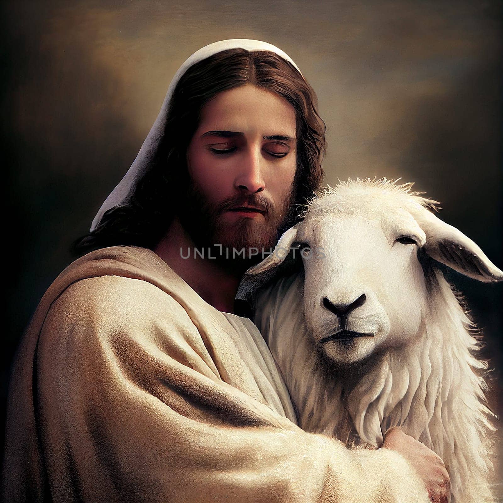 Jesus Christ holding the lost sheep in his arms, religion and faith of christianity, bibical story, generative AI