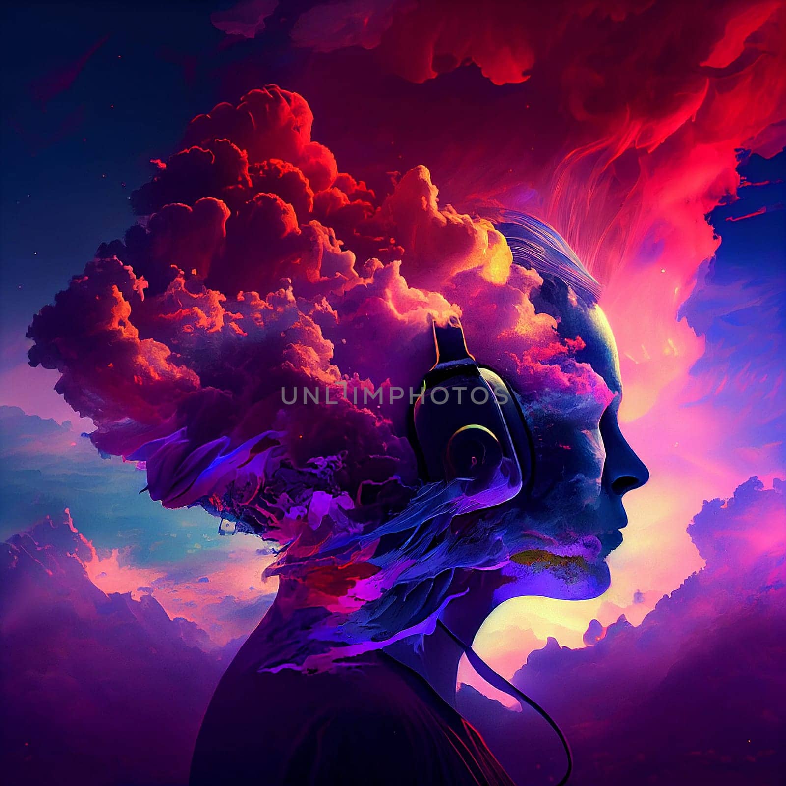 Portrait of a young woman with headphones listening to music, colorful waves and energy, illustration, generative AI