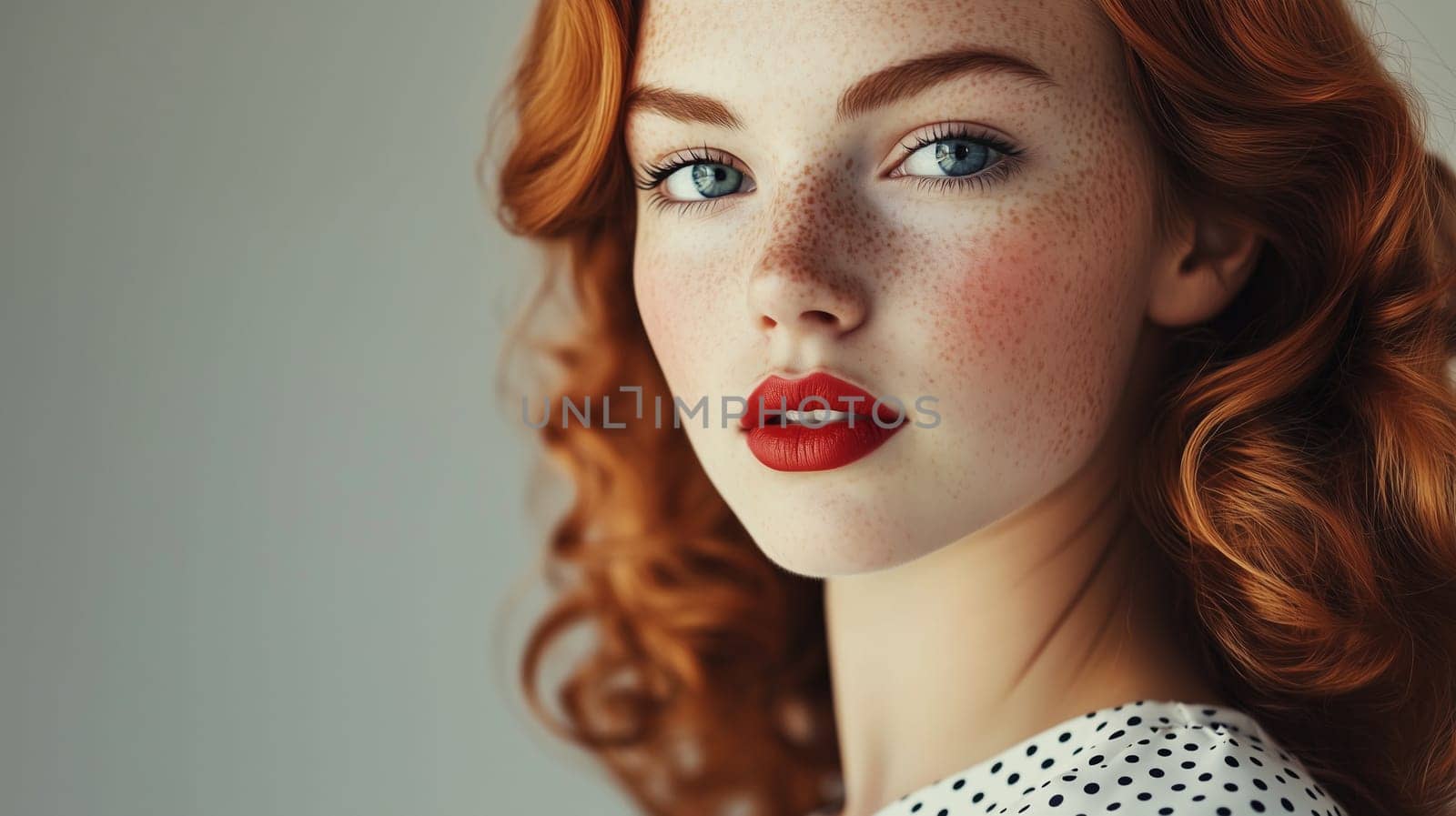 Portrait of beautiful young woman with red curly hair and freckles, red-haired girl, natural beauty, studio shot