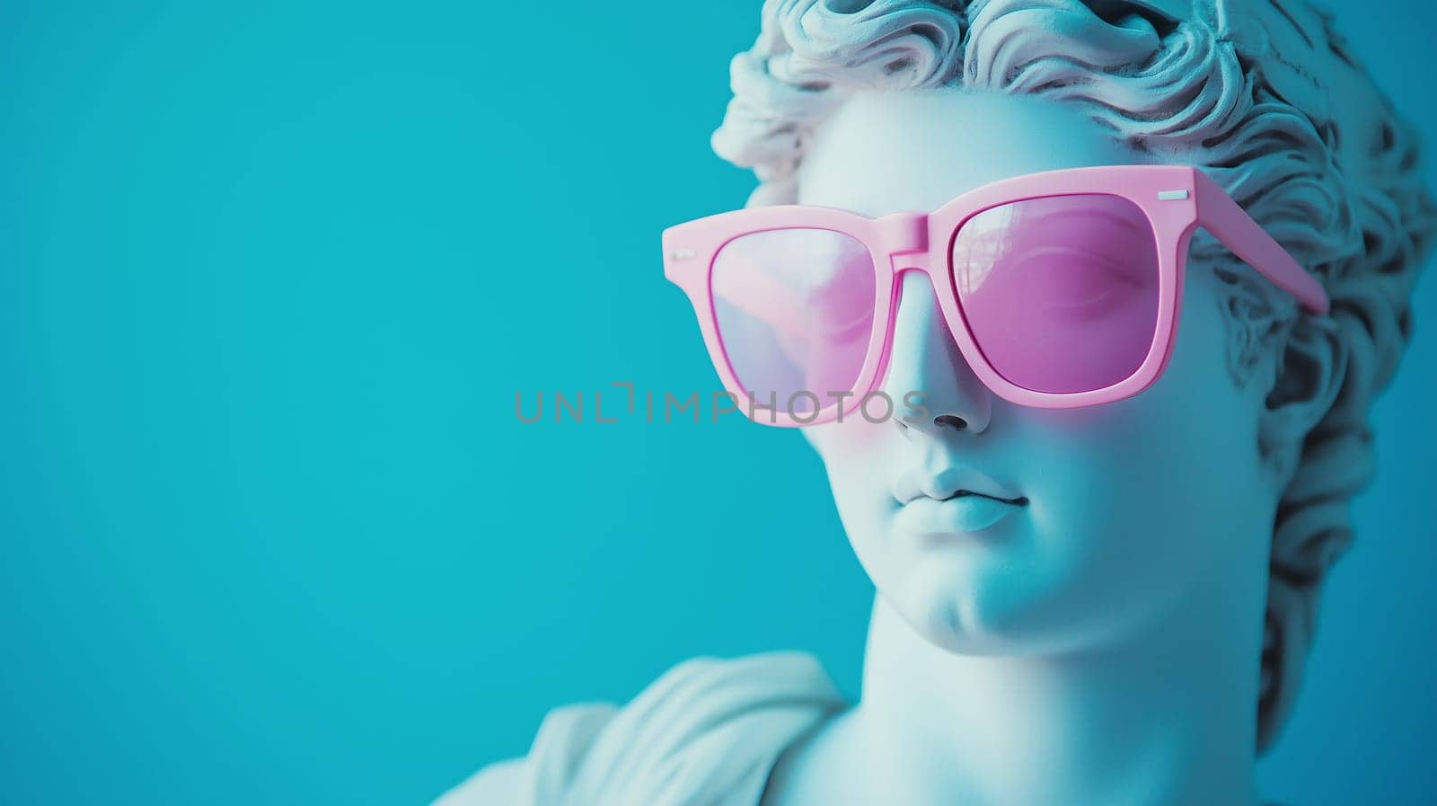 Stylish creative portrait of modern fashionable antique statue of young woman in pink sunglasses on blue studio background
