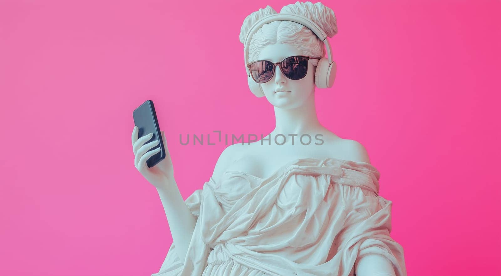 Stylish portrait of modern antique statue of young woman listening to music with headphones and smartphone, on pink studio background