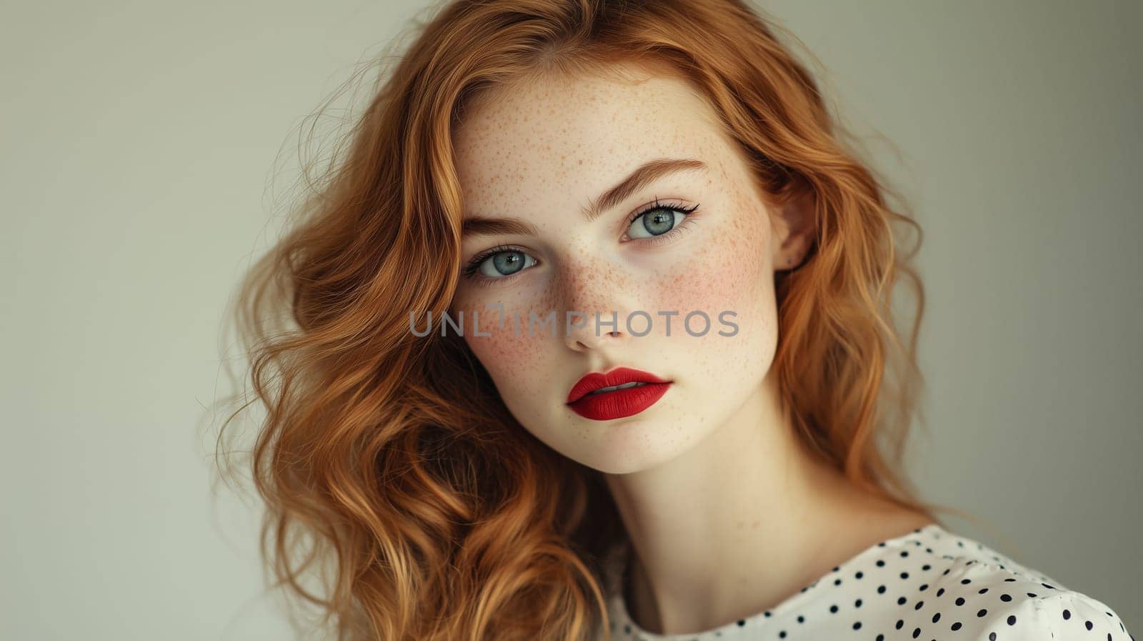 Portrait of beautiful young woman with red curly hair and freckles, red-haired girl, natural beauty, studio shot