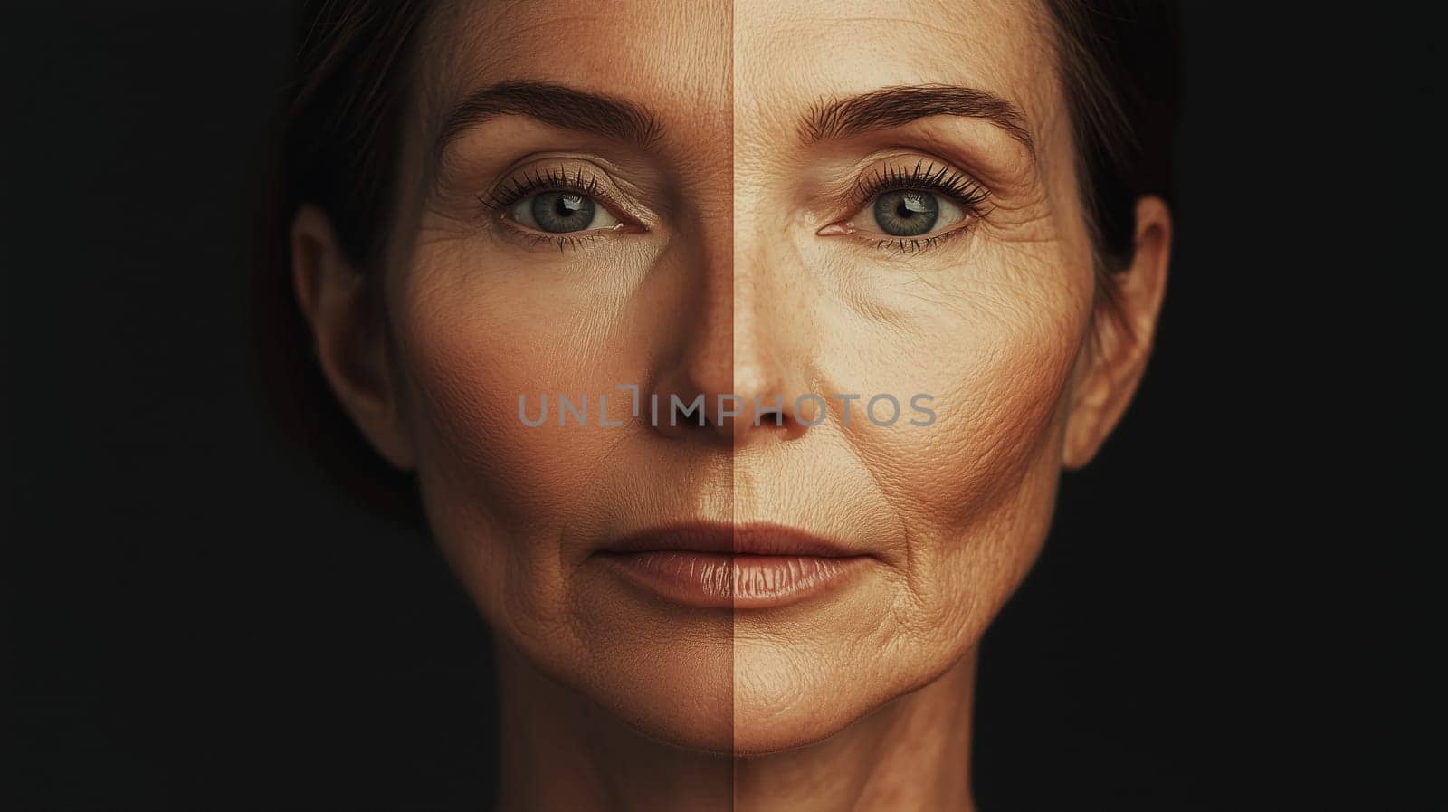 Close-up portrait of beautiful mature woman, skin aging process concept, before and after, close-up, studio background