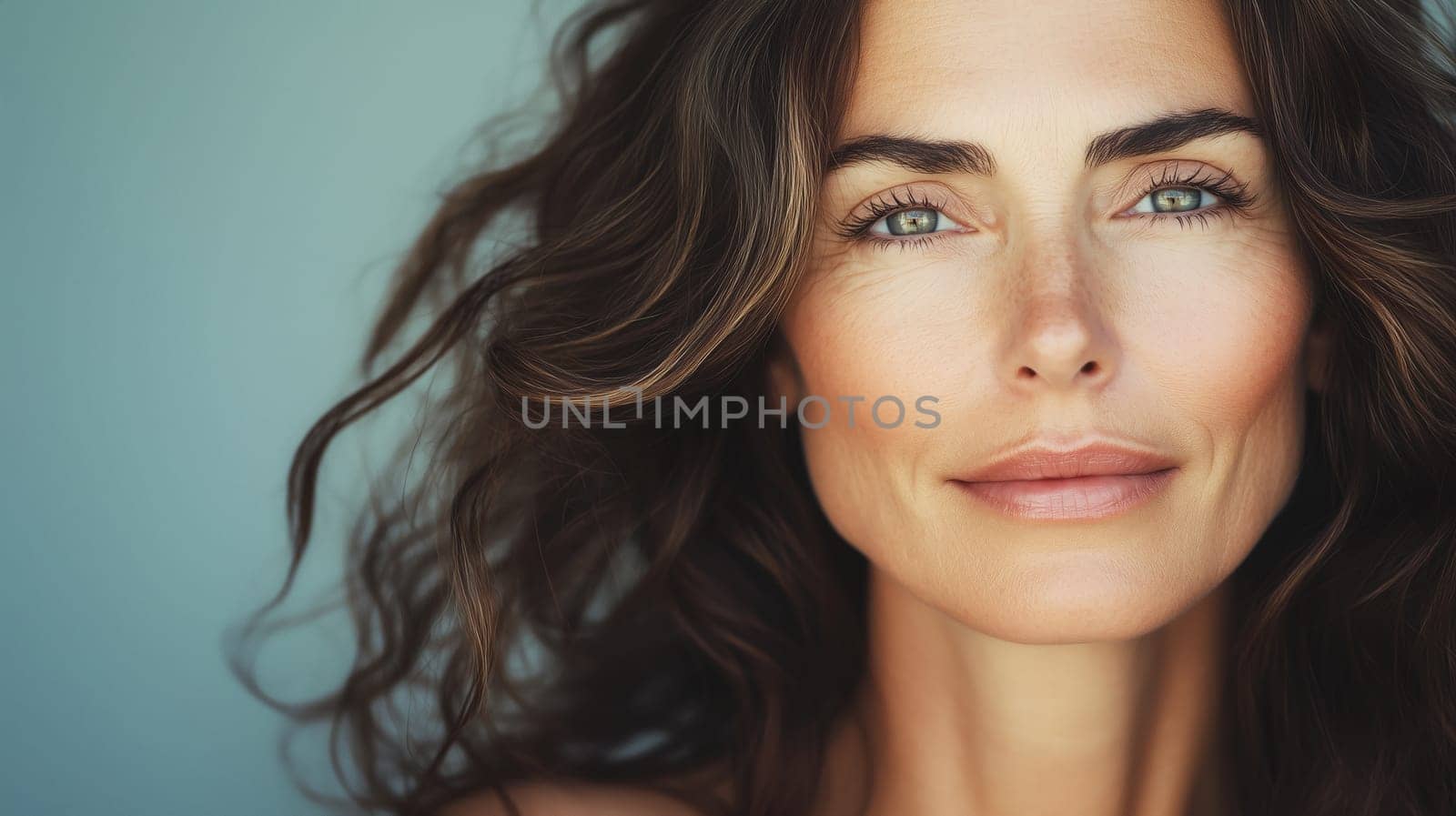 Portrait of beautiful brunette mature woman, confident looking at camera on gray studio background