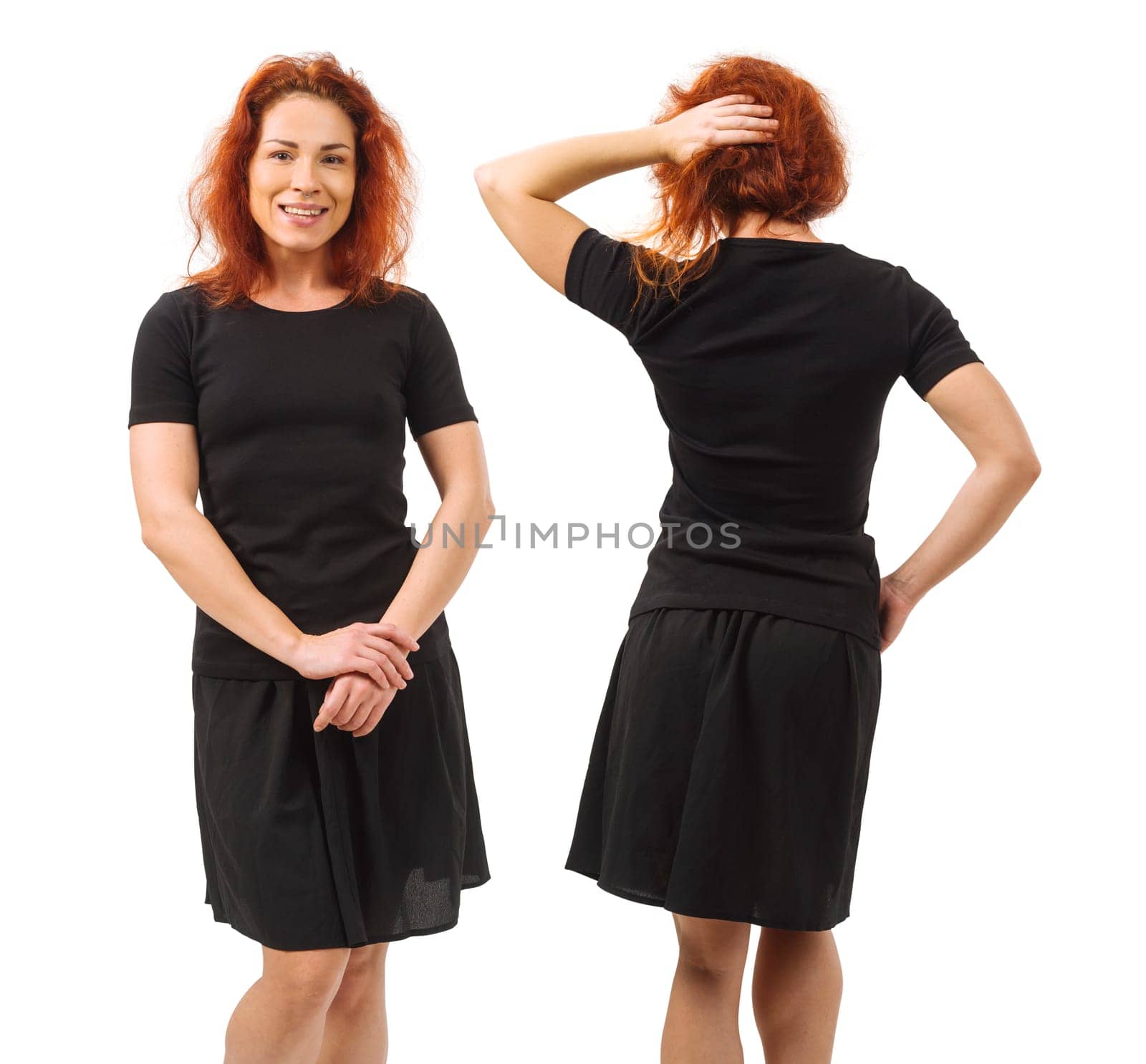 Photo of a young beautiful redhead woman with blank black shirt. Isolated over white background and ready for your design or artwork.