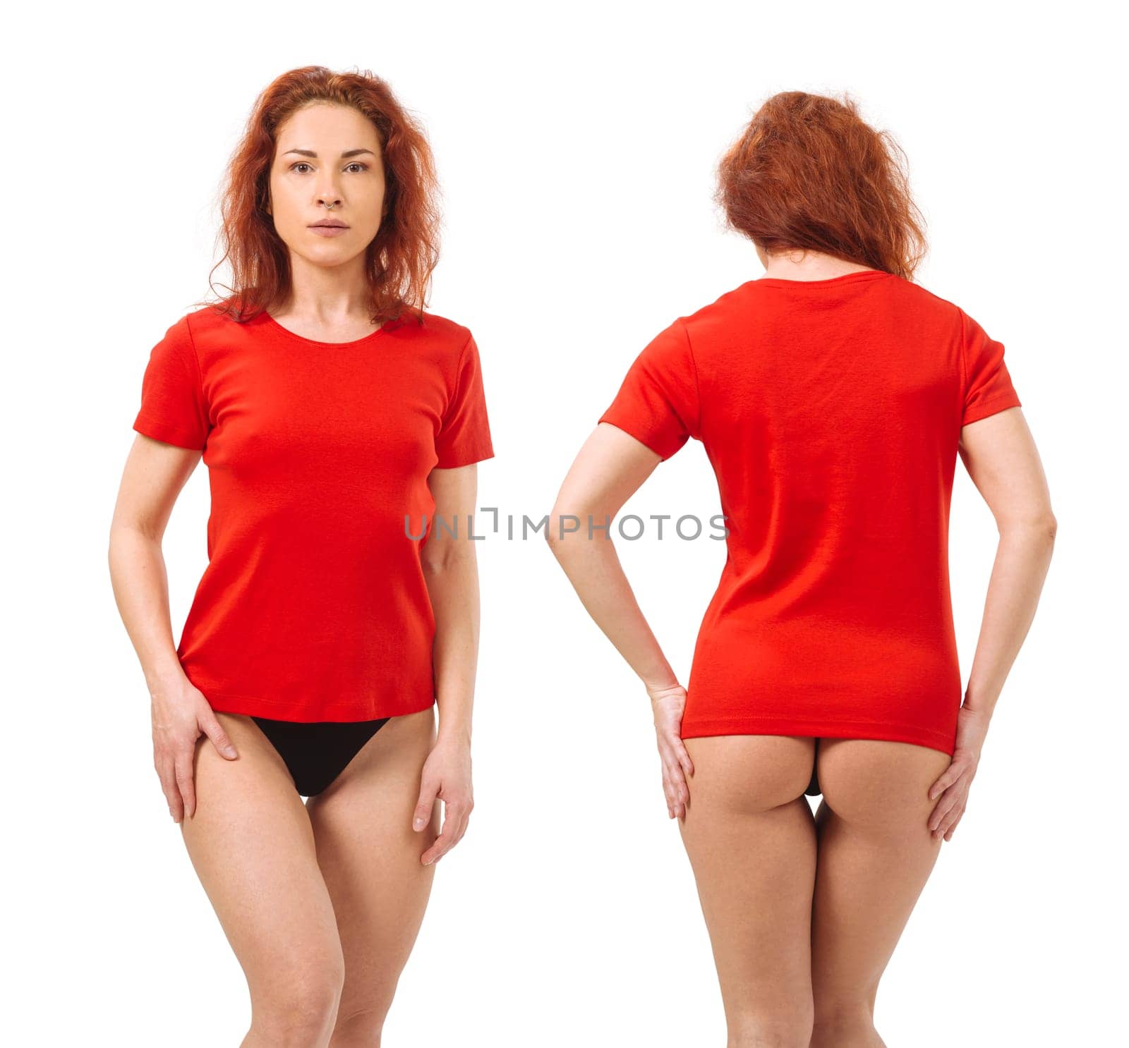 Photo of a young beautiful redhead woman with blank red shirt and black underwear. Isolated over white background and ready for your design or artwork.