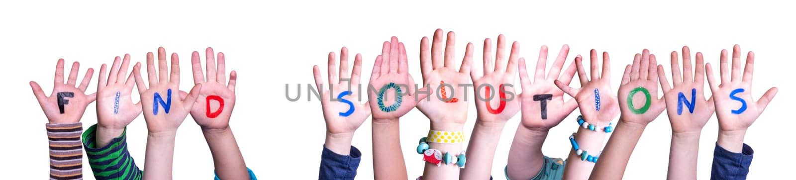 Children Hands Building Colorful English Word Find Solutions. Isolated White Background.