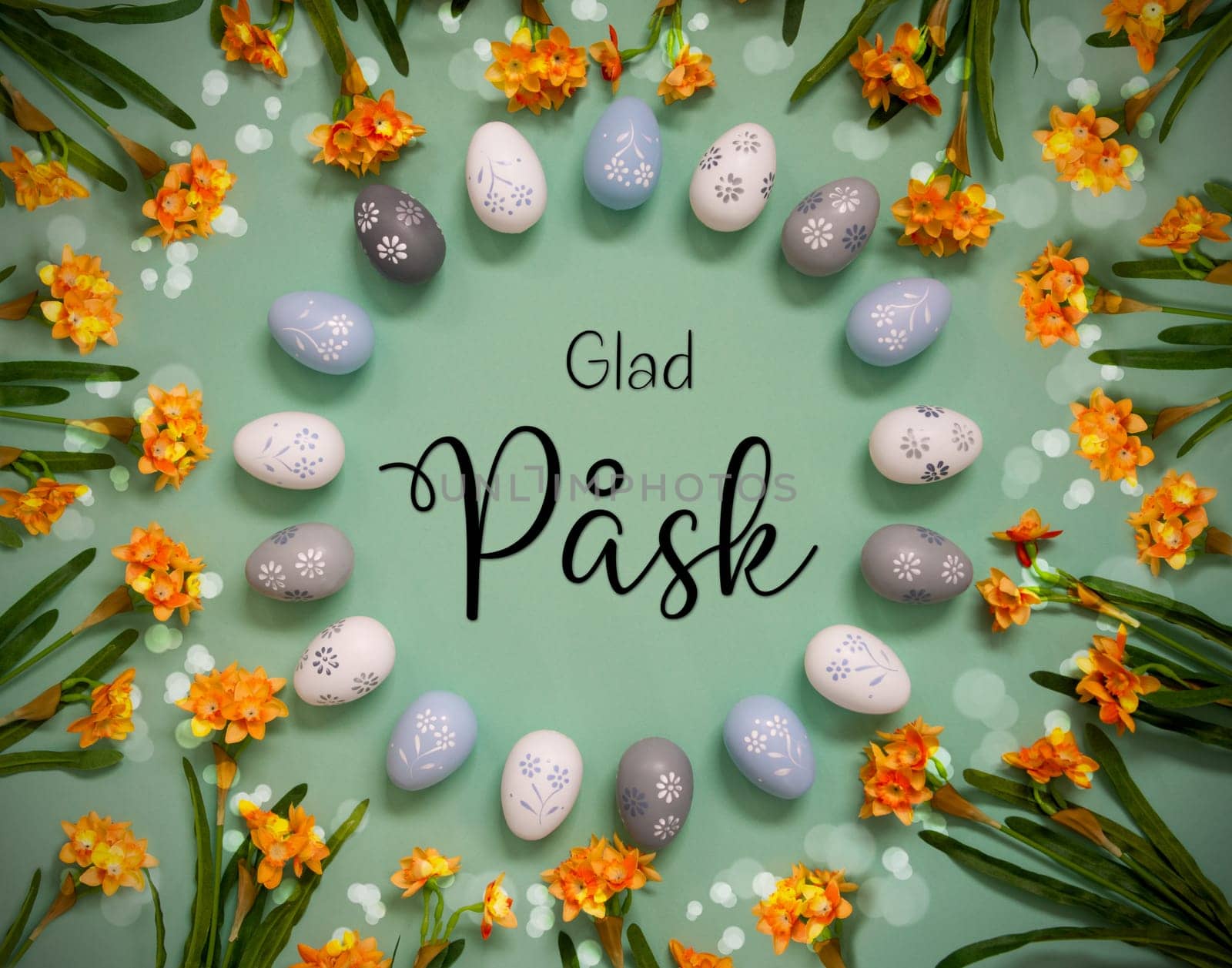 Flat Lay With Swedish Text Glad Pask Means Happy Easter. Easter Egg Decoration With Orange Spring Flowers. Light Green Paper Background With Bright And Shiny Light Effect.