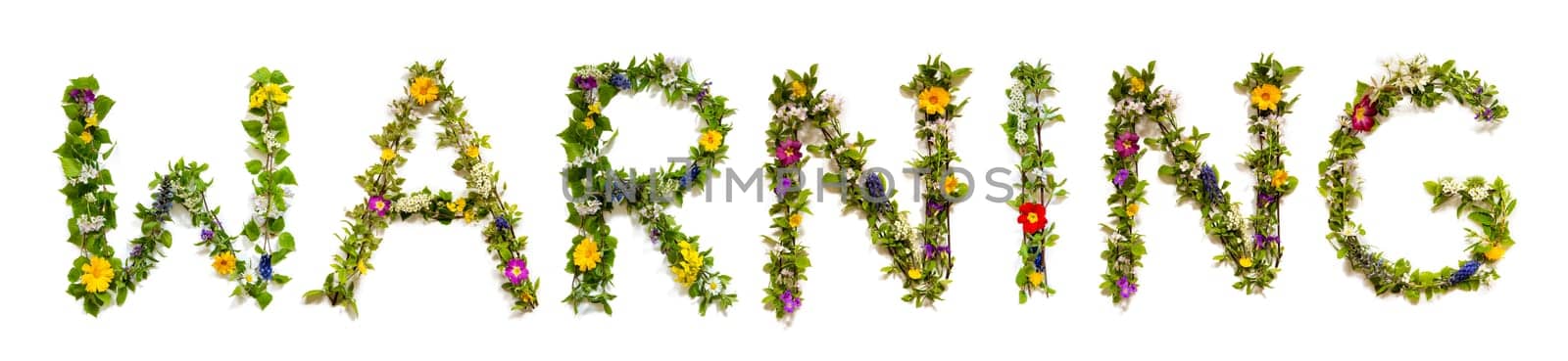 Blooming Flower Letters Building English Word Warning. Summer And Spring Season Blossoms And Flower Lei.