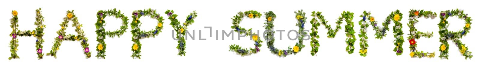 Blooming Flower Letters Building English Text Happy Summer. Summer And Spring Season Blossoms And Flower Lei.
